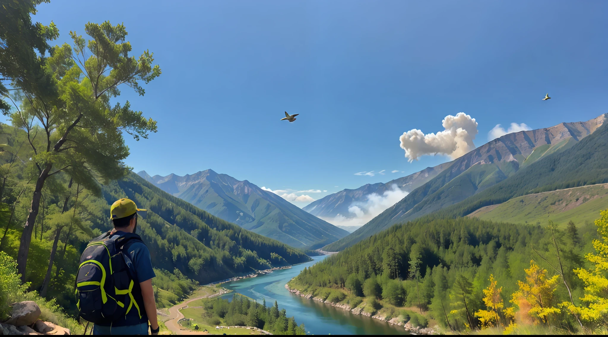 person overlooks mountain landscape from the summit, [(extreme long shot), ultra-wide angle, overhead shot, blue sky::0.2], [(mountain river), (green forest):(mountain river), [green forest], person with a backpack:0.1], [[forest fire], [birds flying]:forest fire, [smoke plumes], (birds flying):0.2], [(detailed), bloom, (psychedelic vivid color), (surreal):0.5], HQ, best quality, award winning