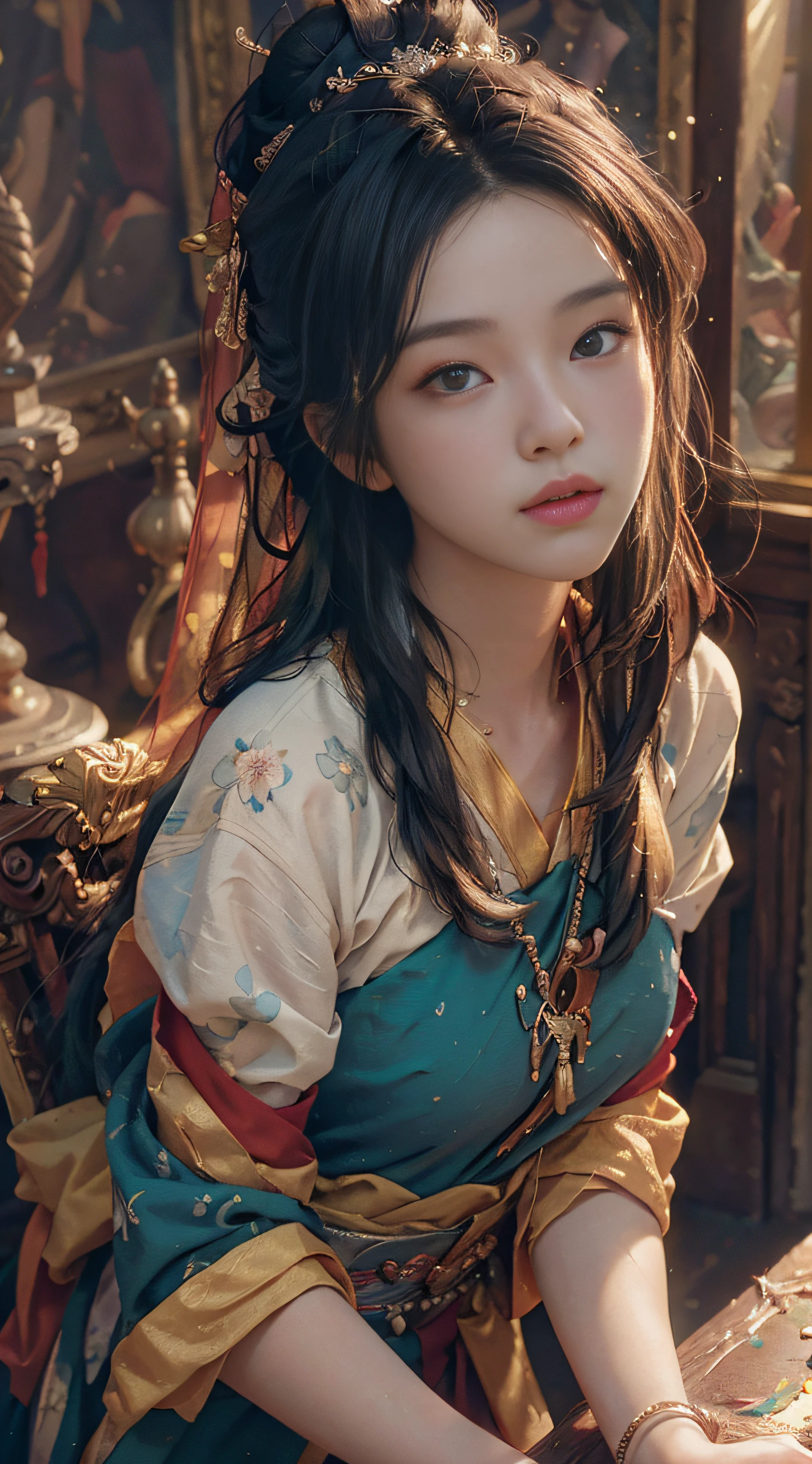 (RAW photo, best quality), (realistic, photo-realistic:1.3),best quality,highly detailed,masterpiece,ultra-detailed,illustration,1girl,upper_body,dynamic angle,world masterpiece theater,messy_long_hair,best quality,extremely detailed CG unity 8k wallpaper,ink,Amazing,cinematic lighting,lens_flare, dunhuang_style