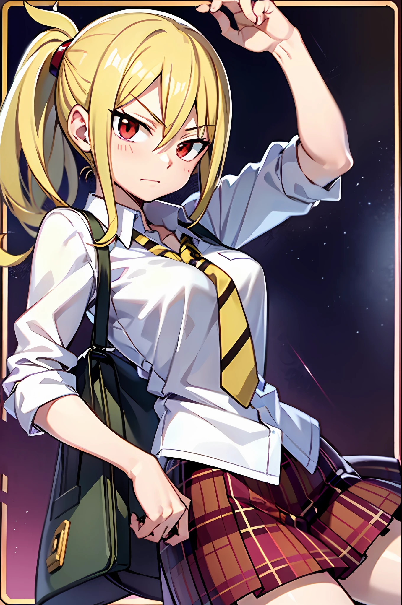 curious face, schoolgirl attire, white blouse with yellow jacket, green striped tie, red plaid skirt, red eyes and ashy hair in a twin ponytail, (style of soul eater and fairy tail anime), (illustrated by Hiro Mashima and Atsushi Ohkubo), (style mixing), Lucy Heartfilia, Maka Albarn