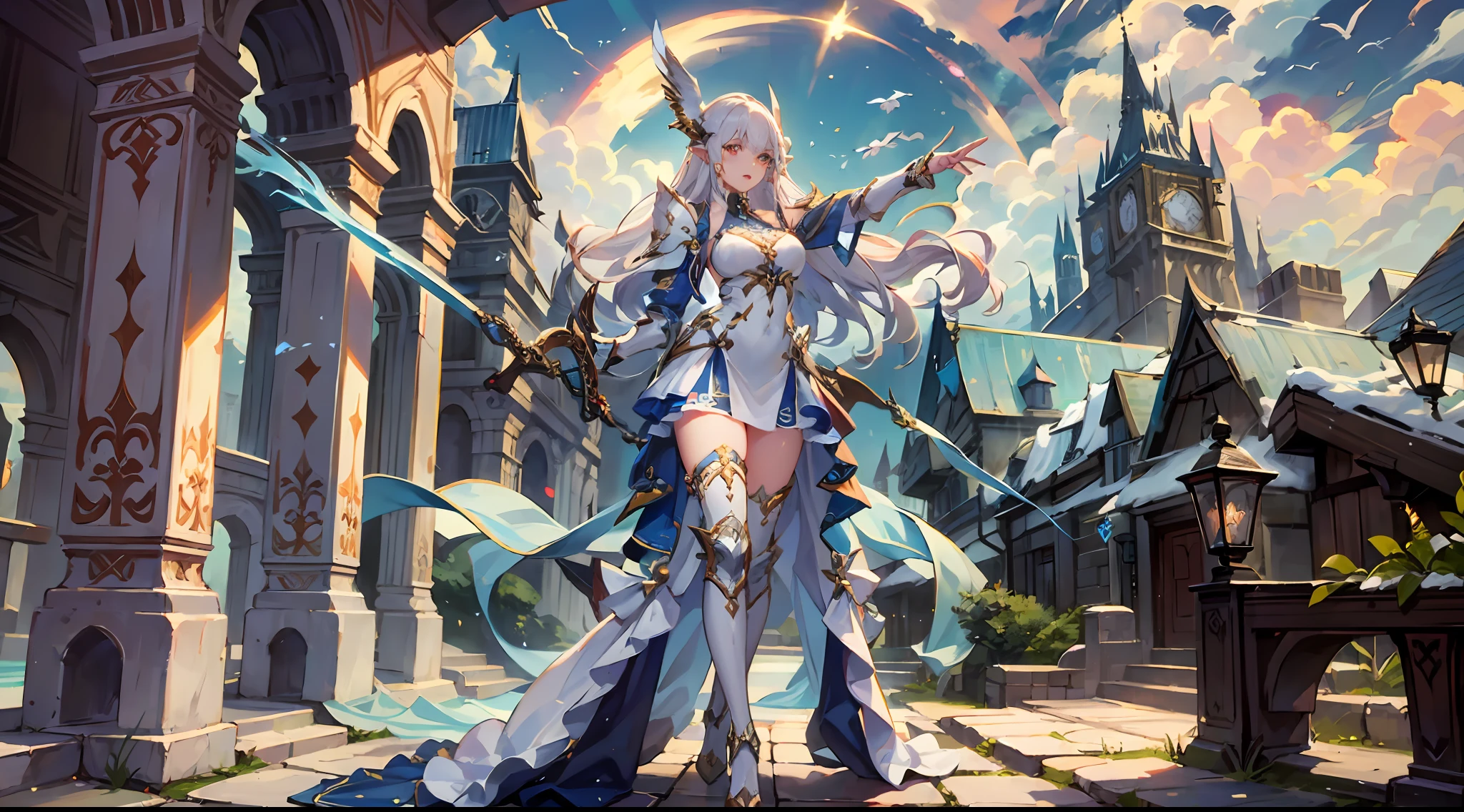 ((4K, masterpiece, best quality)), maxiskit, dressed conservative 1 girl, solo, full body, wide shot, standing, holding sword, white hair, long hair, elf ears, Valkyrie, armor, angel, white bra, side bangs, from the front, oversized body, night, mountain, look at the audience, an antique girl behind is a white dragon {(super high face detail, super high hand detail)}