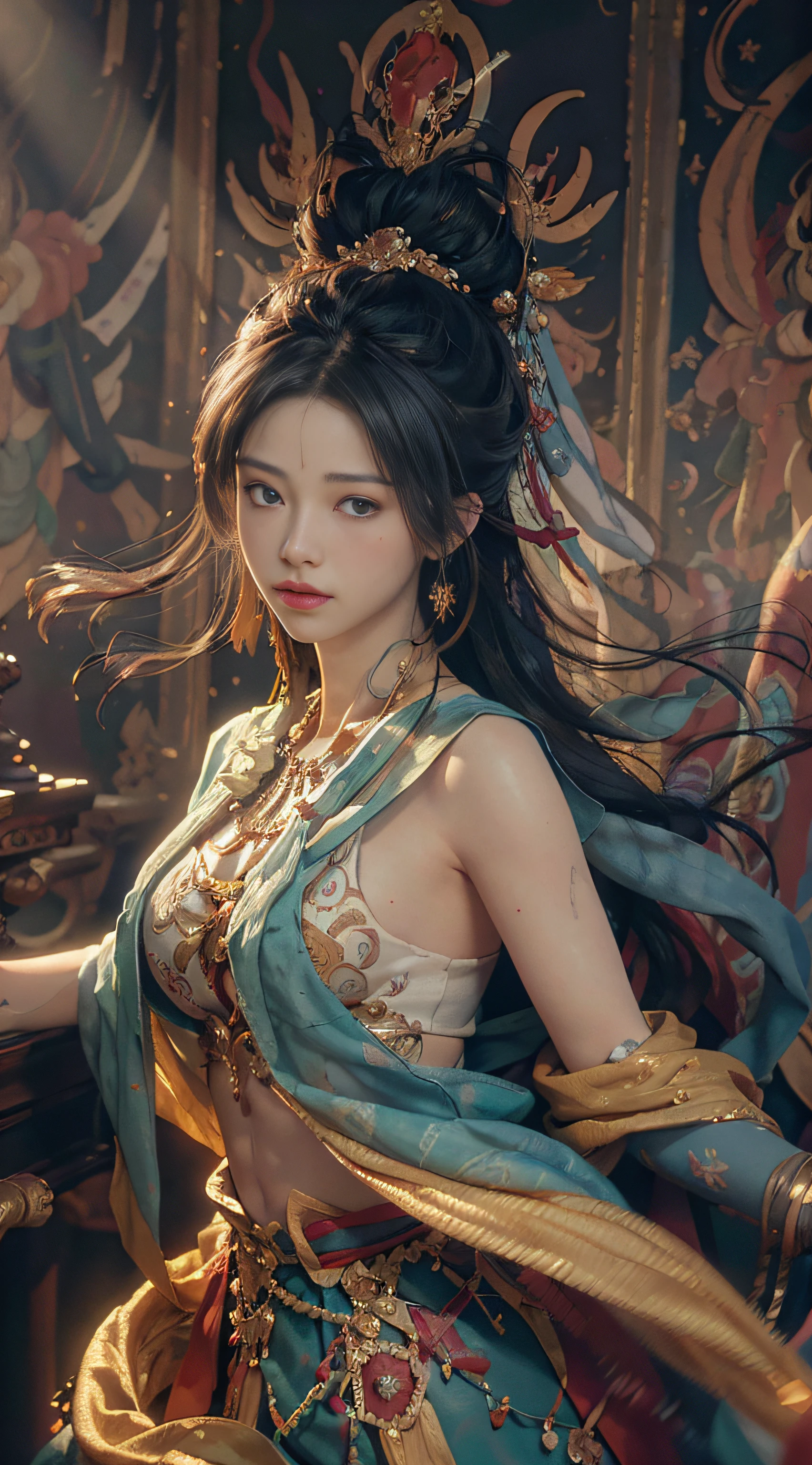 (RAW photo, best quality), (realistic, photo-realistic:1.3),best quality,highly detailed,masterpiece,ultra-detailed,illustration,1girl,upper_body,dynamic angle,world masterpiece theater,messy_long_hair,best quality,extremely detailed CG unity 8k wallpaper,ink,Amazing,cinematic lighting,lens_flare, dunhuang_style