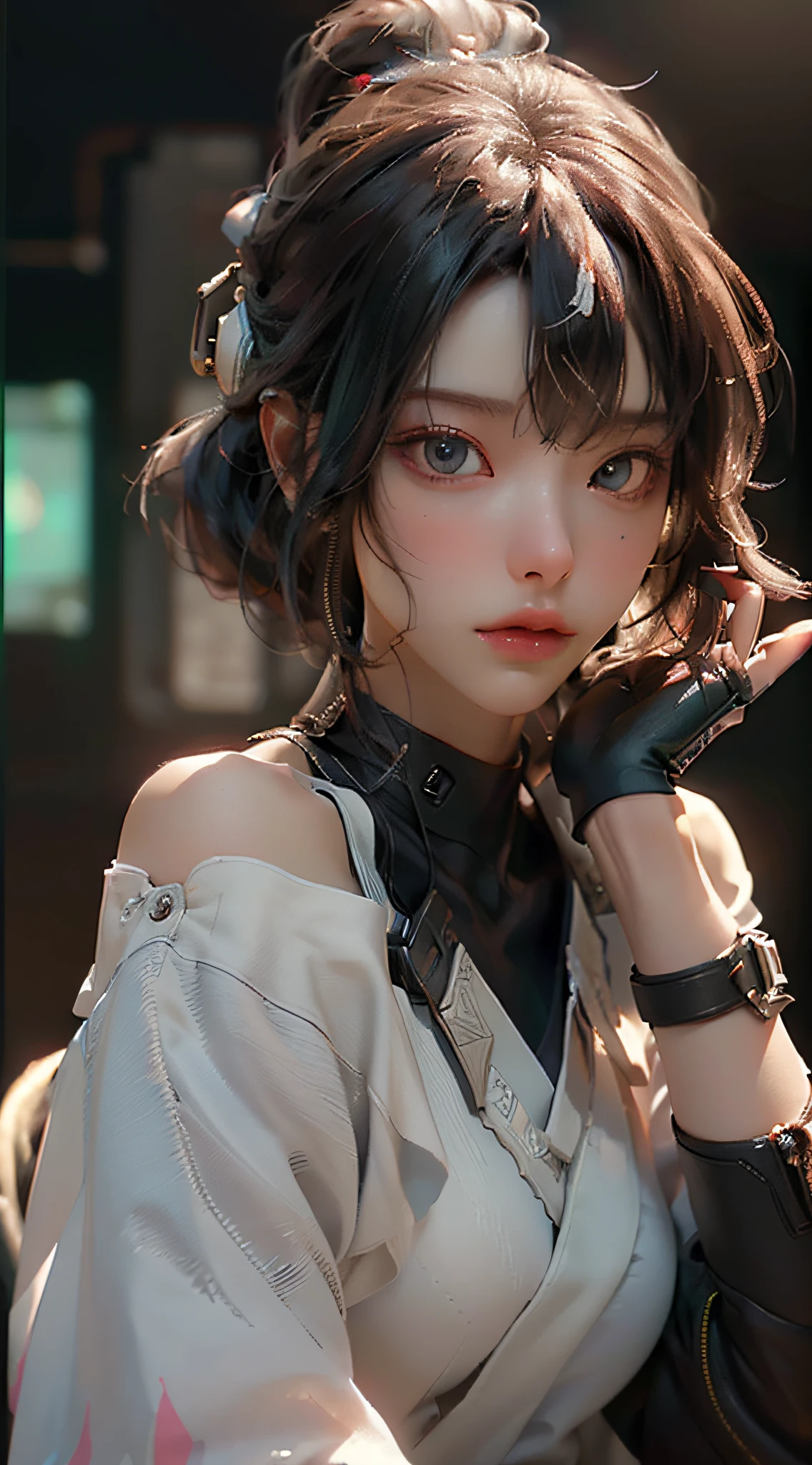((Best quality)), ((masterpiece)), (detailed:1.4), 3D, an image of a beautiful cyberpunk female,HDR (High Dynamic Range),Ray Tracing,NVIDIA RTX,Super-Resolution,Unreal 5,Subsurface scattering,PBR Texturing,Post-processing,Anisotropic Filtering,Depth-of-field,Maximum clarity and sharpness,Multi-layered textures,Albedo and Specular maps,Surface shading,Accurate simulation of light-material interaction,Perfect proportions,Octane Render,Two-tone lighting,Wide aperture,Low ISO,White balance,Rule of thirds,8K RAW,