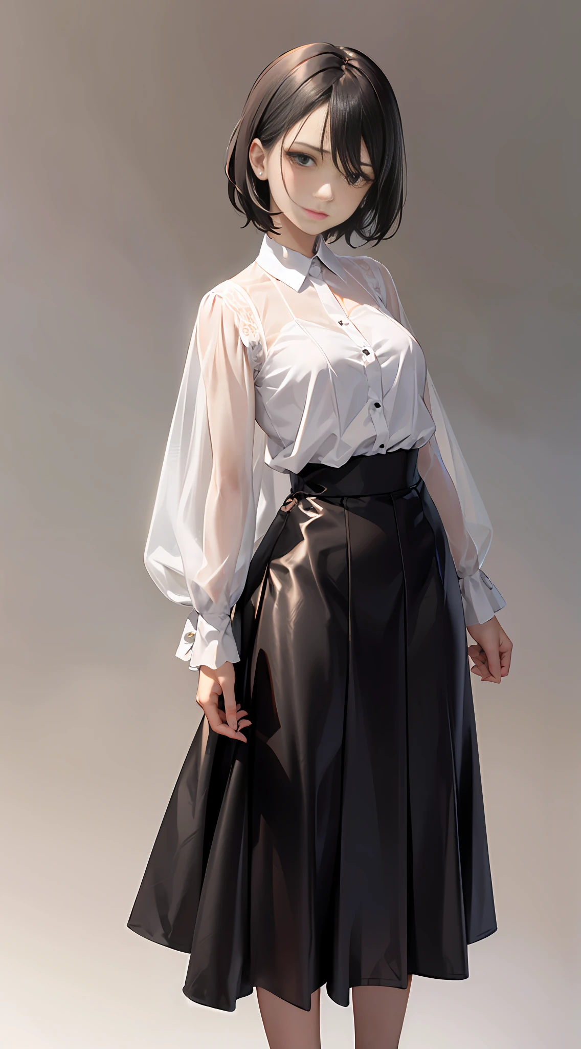 A high-cooled aura royal sister with short black hair, with a delicate face, indifferent expression, wearing a white shirt, black skirt, full body display, beautiful and delicate anime style illustration, wlop, stunning anime face portrait, dark style, pure white background.