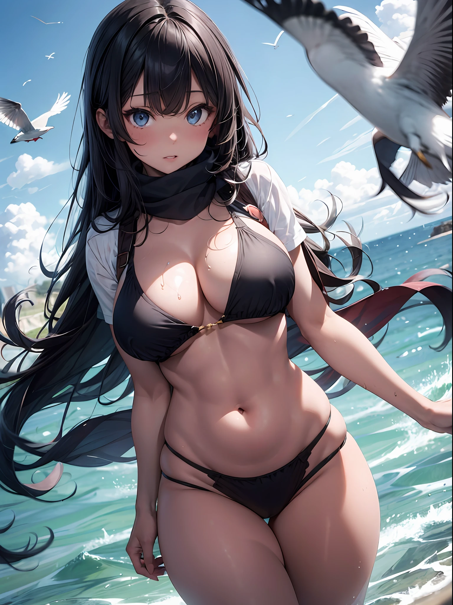 people in air surrounded by lots of birds flying overhead and a girl in the foreground, bird, 1boy, male focus, seagull, solo, black hair, scarf, sky, ocean , , (dark skin: 1.1), huge breasts,black long hair , POV, wet neckline, (thick thighs), 4k hd, ultra realistic, perfect body, perfect lips, perfect nose, Perfect eyes, beautiful belly, see through clothes, legs open, looking at the camera.