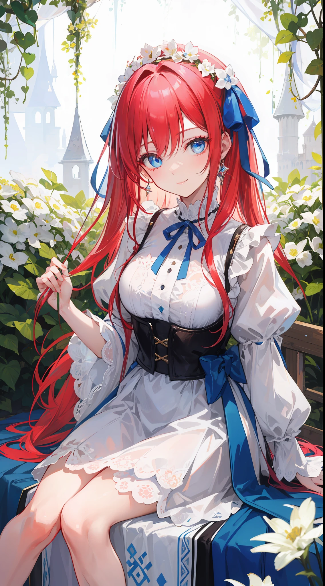 In the garden, there was a red-haired and blue-eyed girl, the girl sitting around white flowers and was wearing the clothes of a medieval villager, her eyes were very beautiful blue, and in front of her was a fantasy. Her eyes are like crystal blue, she wears a ribbon that beautifies her, her smile so beautiful and harm, her appearance so charmly, she is like and a