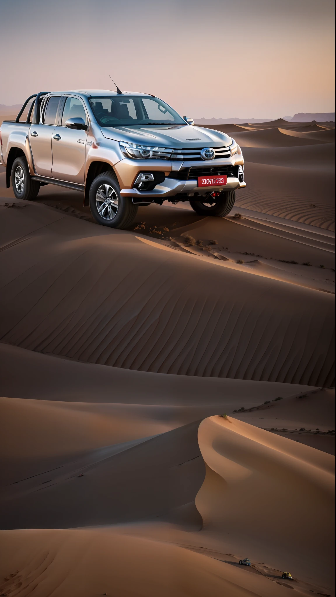 Toyota Hilux in the middle of the desert with a winged native nomad of the Sahara