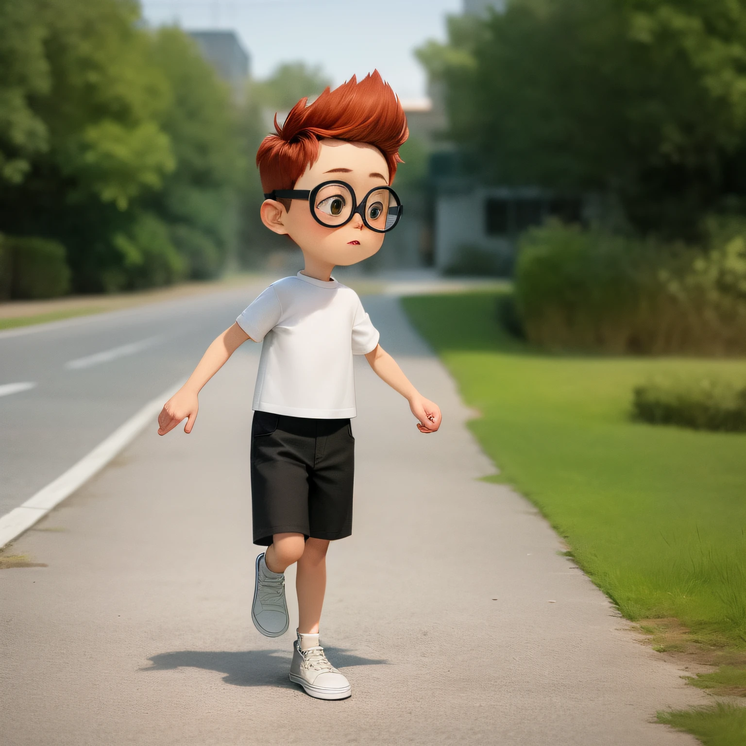 ((masterpiece, best quality)),(complex light), 1boy, full body, solo,child, sherman,red hair,glasses, white shirt, black shorts, walking,