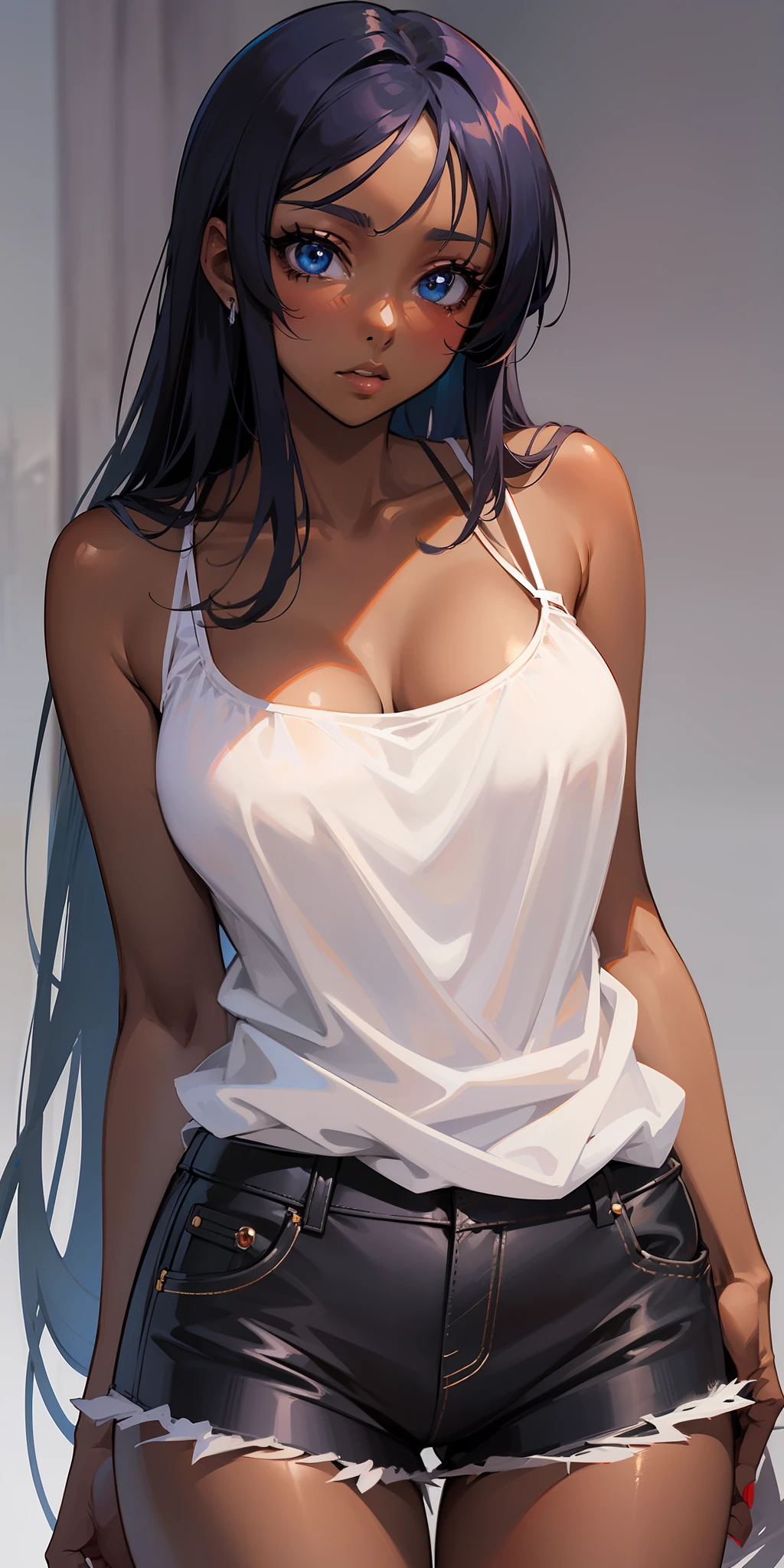((masterpiece)), ((best quality)), ((anime profile style)), ((HD 4k)), ((anime character)), girl, dark skin tone, eyes, eyebrow, eyelashes , ear, nose, mouth, lips, giant hair, neck, shoulders, medium breasts, simple casual clothing, arms, bad perfect, viewer's view