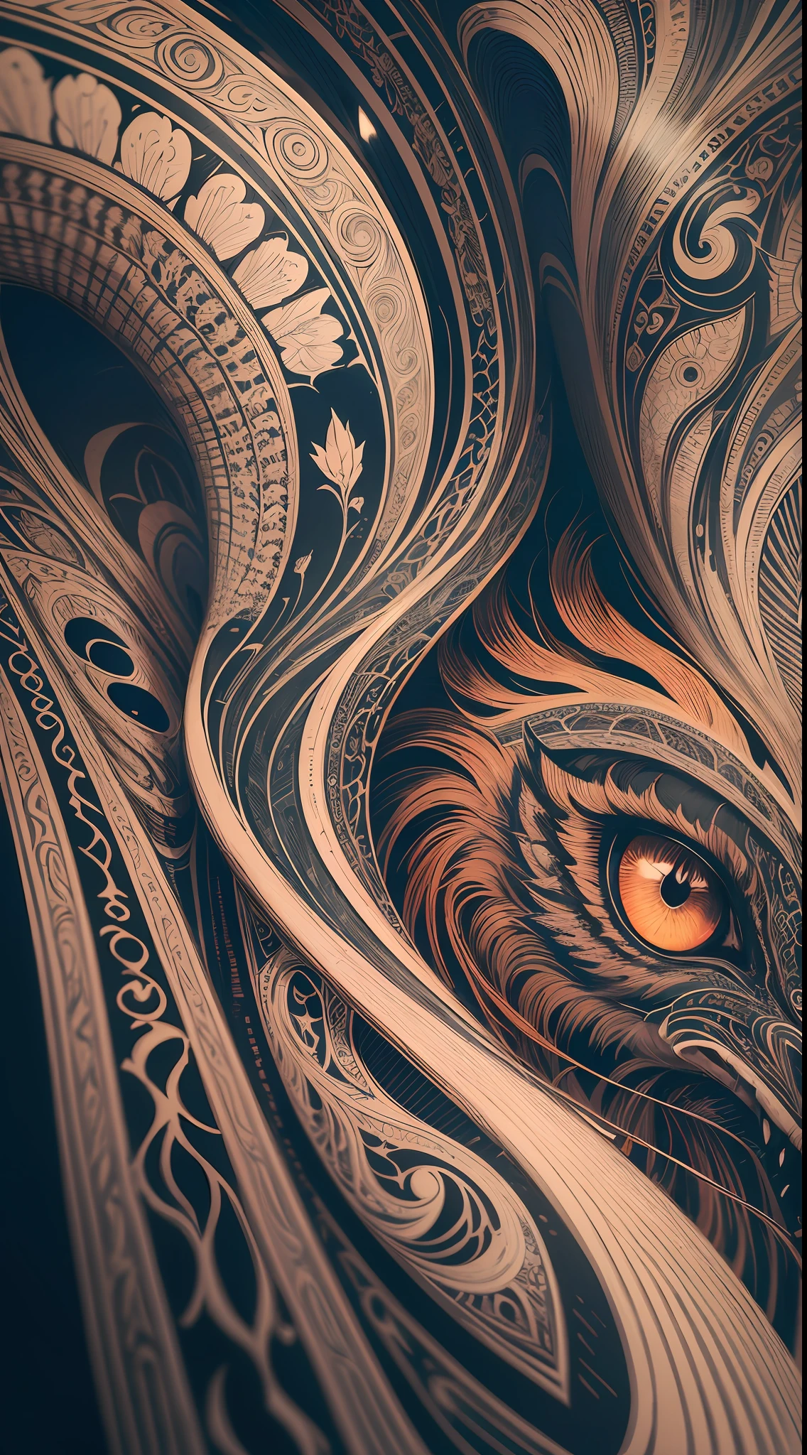 (best quality) Aaron Horkey, ultra-detailed, intricate linework, highly detailed illustration, perfect composition, beautiful and stunning, dynamic angle, high contrast, incredible shading, incredible detail, unique style, orange details, (dark and mystical atmosphere), intricate and detailed nature elements.