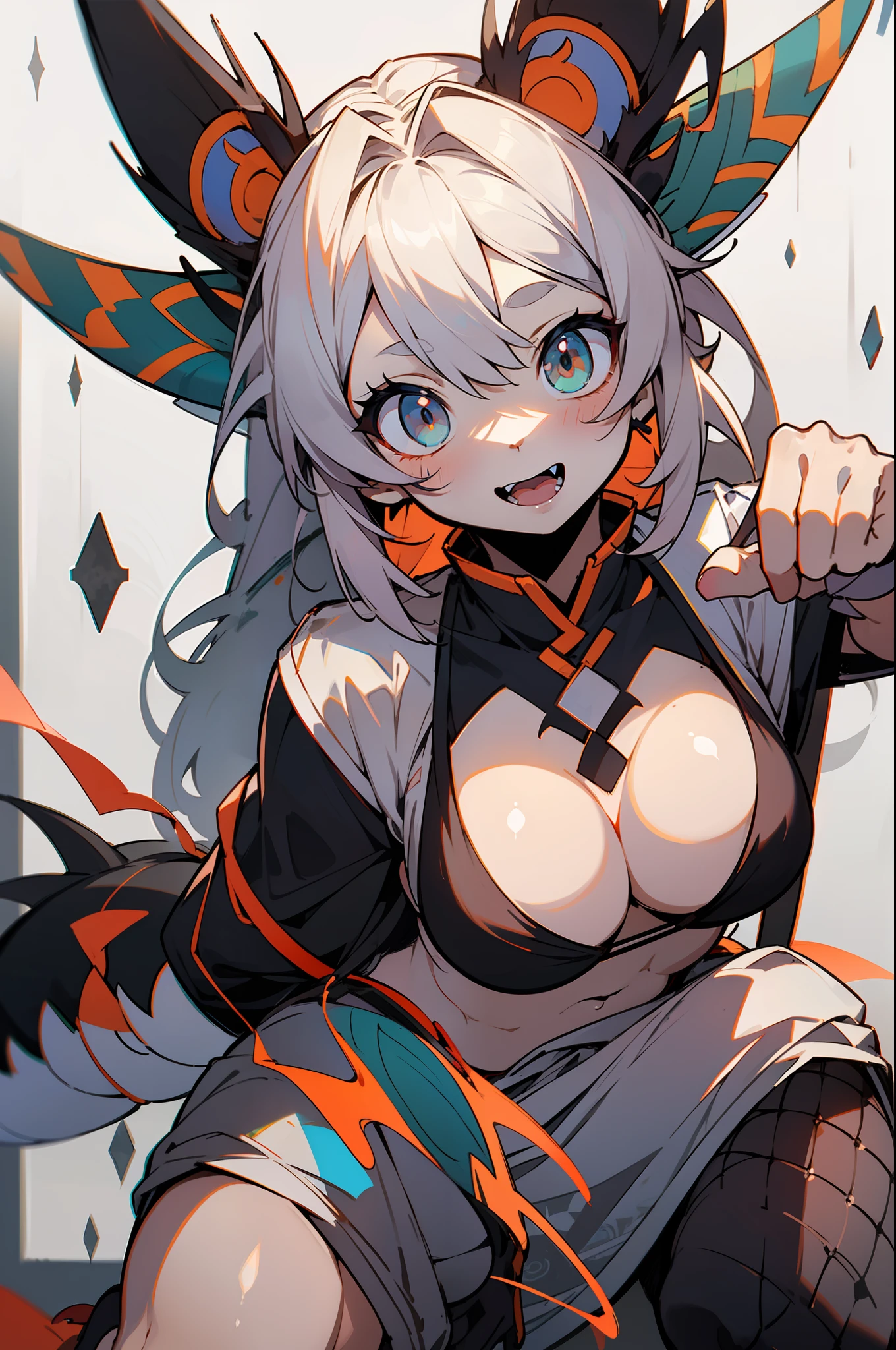 master-piece,hyper quality, hyper detailed,perfect drawing,1 beautiful girl, dragon scaled bikini, dragon ears, dragon tail, dragon horn, dragon paw, dragon fingers, hunter's eyes aiming for prey, black and white mesh hair, drooping eyes, height 188cm, three sizes B120W65H95, whiplash, kneeling, pow pause