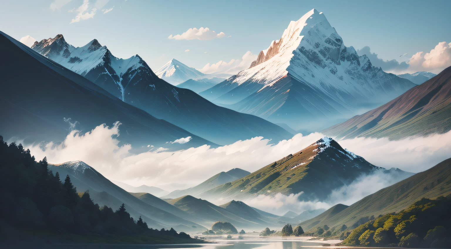Bluish mountains and bamboo, peaks and mountains, undulating mountains. At the foot of the mountain, the blue water flows slowly, with slight ripples. Clouds in the distance, suspended silently in the sky, add a bit of poetry to this landscape painting. The whole painting is bright in color and soft in the brushstroke, as if you were in this landscape, feeling the mystery and infinite power of nature. --auto