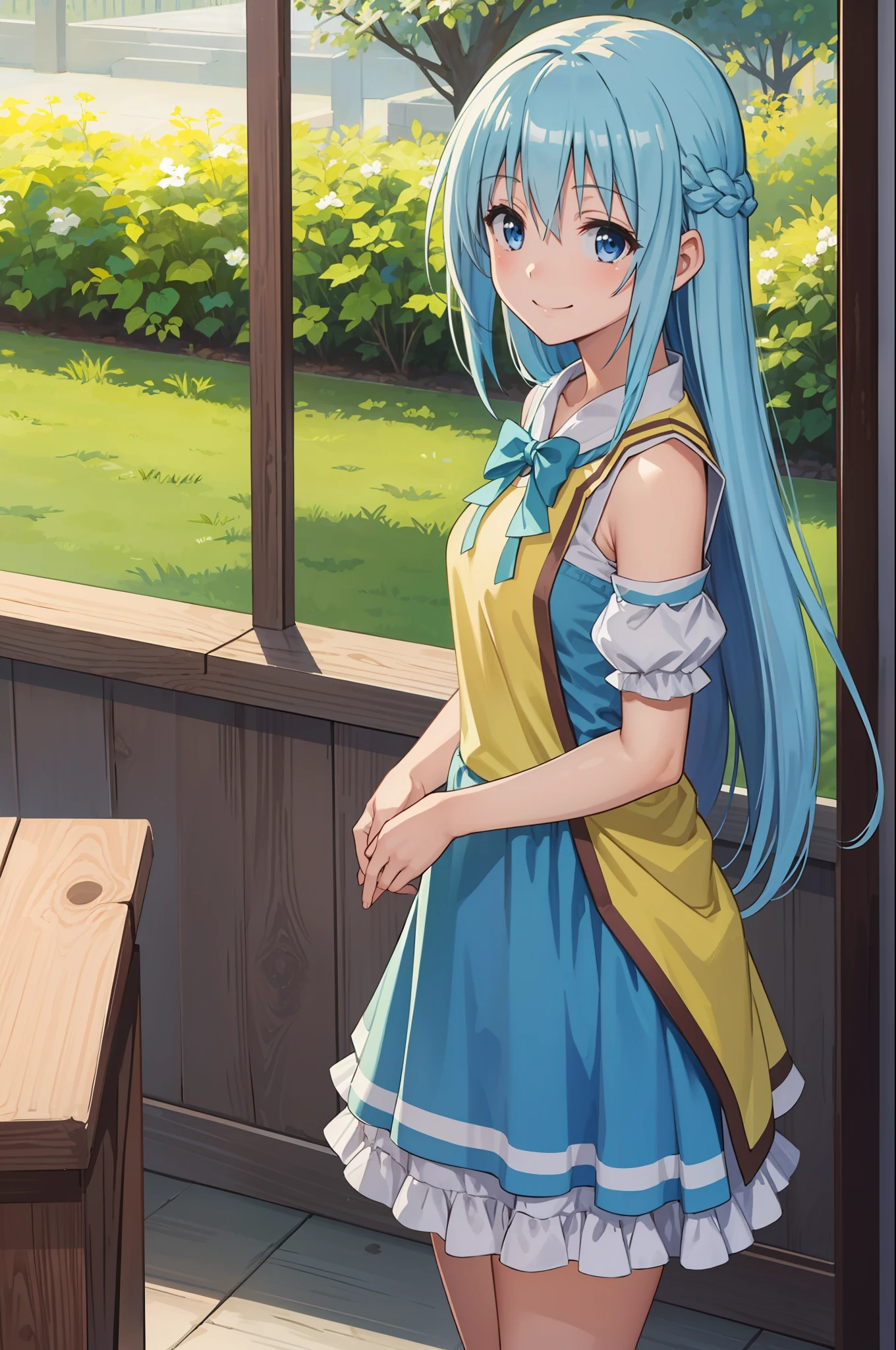 masterpiece, best quality, 1girl, aqua_konosuba, long hair, light blue hair, blue eyes, smile,