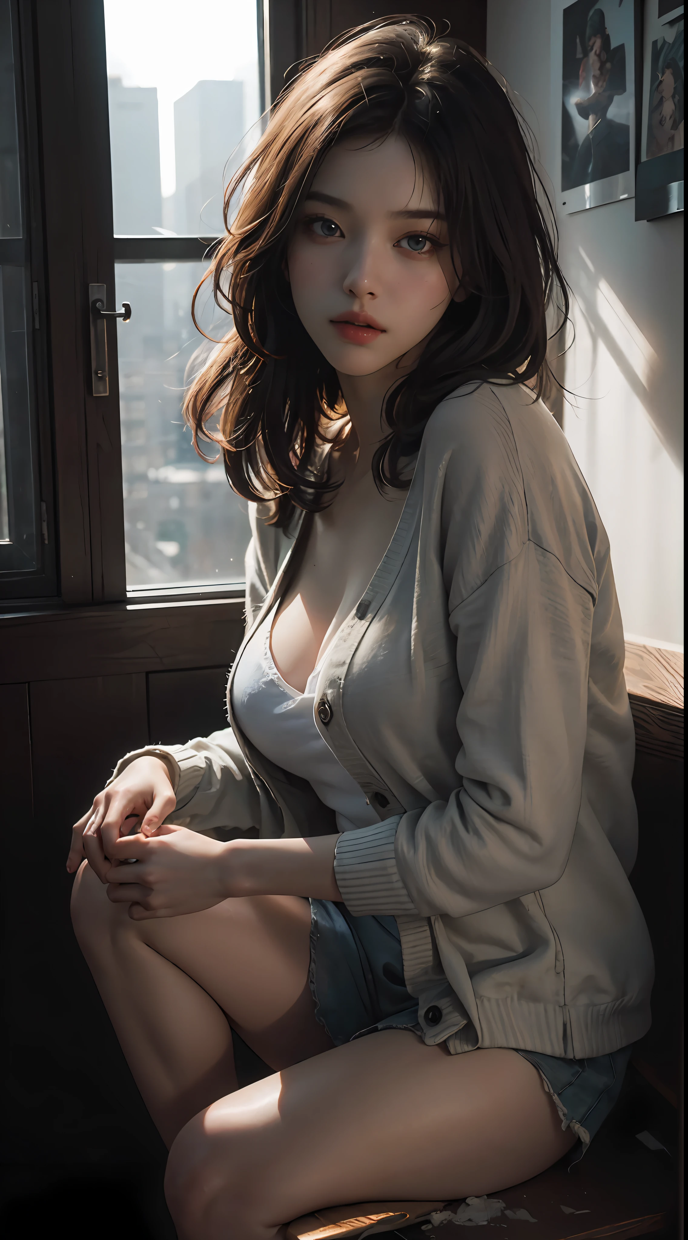 (RAW photo, best quality), (realistic, photo-realistic:1.3), best quality, highly detailed, masterpiece, ultra-detailed, illustration, 1girl, upper_body, dynamic angle, world mastery theater, messy_long_hair,best quality, extremely detailed CG unity 8k wallpaper, ink, amazing, cinematic lighting, lens_flare, dunhuang_style unparalleled masterpiece, perfect artwork, ((perfect female figure)), short hair, blonde, thin, realistic, solo, (Realisticity: 1.4), Best Quality, Ultra High Resolution, 1girl, Porcelain, Kpop ido, Full Body, Gray Cardigan, (C Cup), Beautiful, Masterpiece, Best Quality, Very Detailed Face, Perfect Lighting, Solo, Plain Makeup, Best Quality, Ultra High Resolution, (Realistic: 1.4), Ultra Detailed, Masterpiece, Best Quality, 👍 Ulzzang -6500-v1.1