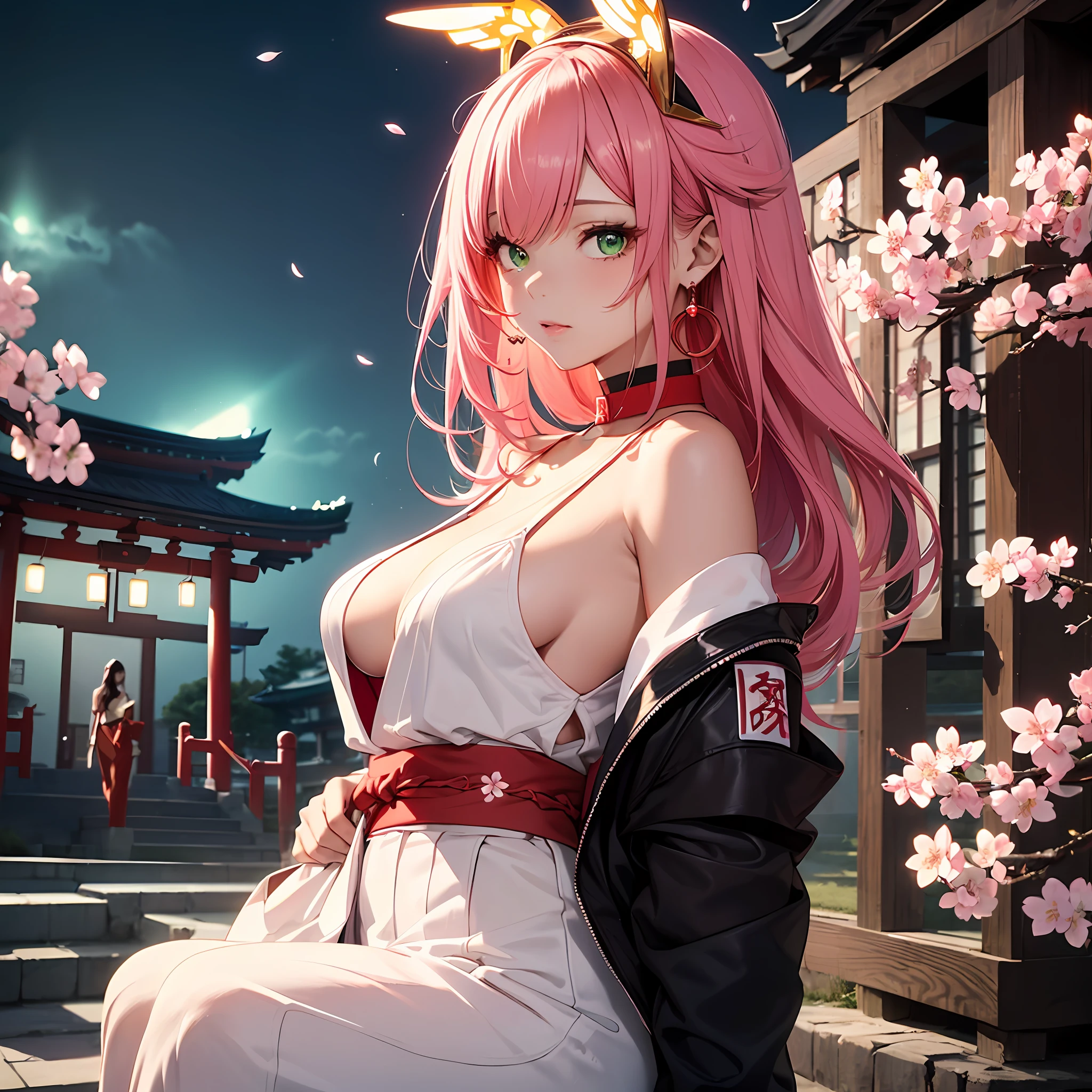 (Masterpiece, Excellent, 1girl, solo, complex details, color difference), realism, ((medium breath)), off-the-shoulders, big breasts, sexy, Yae Miko, long pink hair, red headdress, red highlight, hair above one eye, green eyes, earrings, sharp eyes, perfectly symmetrical figure, choker, neon shirt, open jacket, turtleneck sweater, against the wall, brick wall, graffiti, dim lighting, alley, looking at the audience, ((mean, seductive, charming)), ((cherry blossom background ))),((Japanese temple background)))), (((Glow-in-the-dark background))) --auto