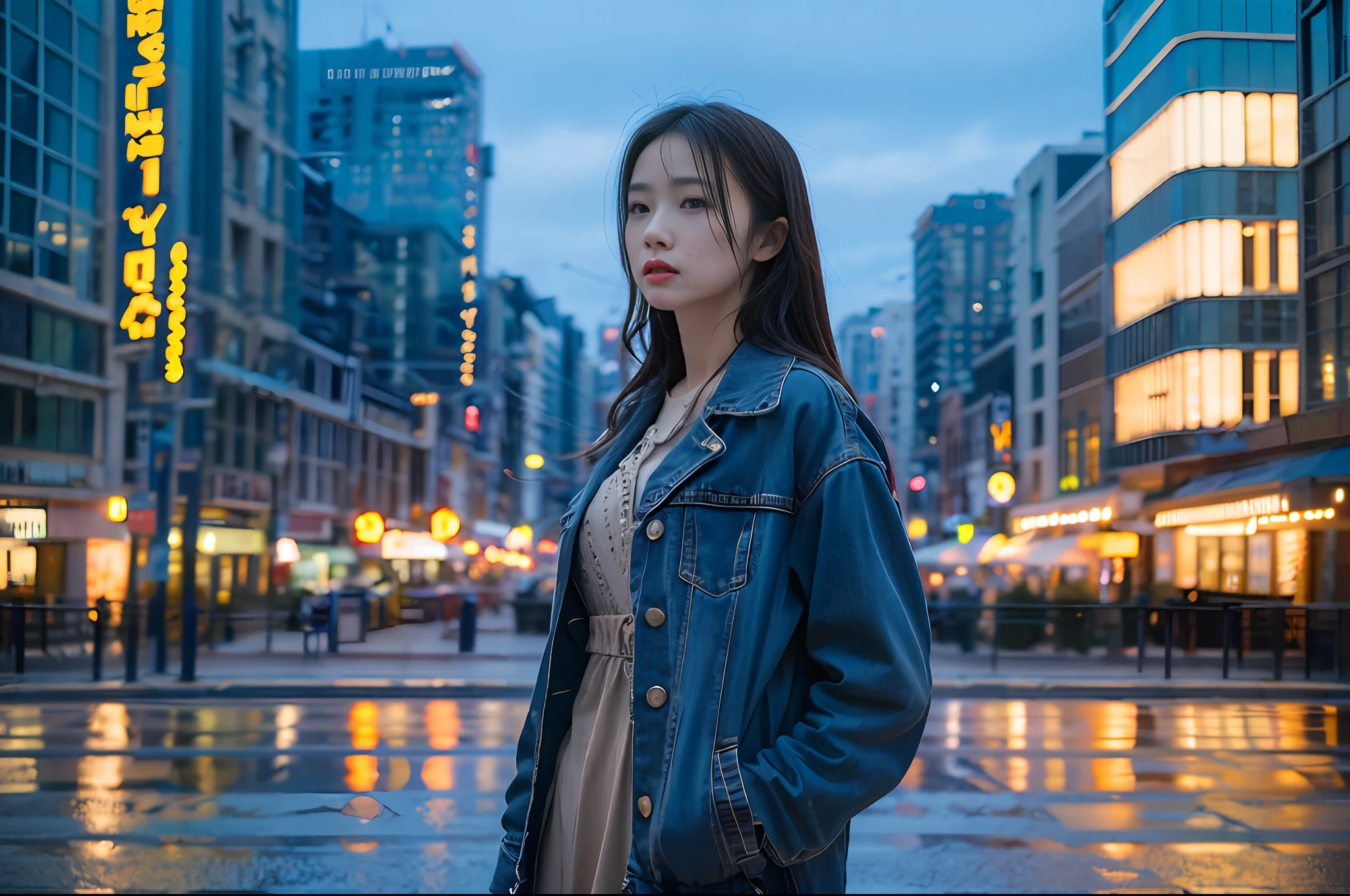 (Masterpiece), (Intricate Details), (Photorealistic: 1.3), (Film Grain: 1.4), (Perfect ???????), phblue, scenery, no humans, landscape, (masterpiece,best quality:1.4), blue theme, city, dusk, 1girl, rain, cowboy shot,