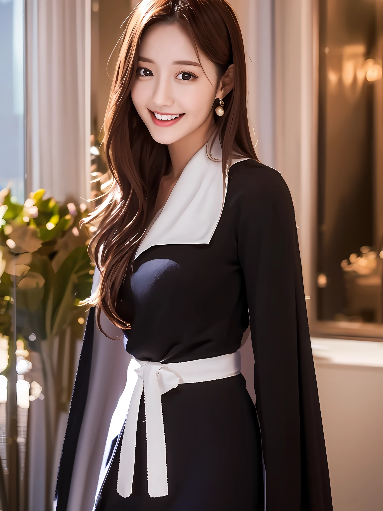 masterpiece, high image quality, ultra high analysis, Solo, beauty, photorealistic , beautiful woman, slim face, real person, korean model, pretty face, ,long brown hair,double, 28 years old, black eyes, wavy hair, small, woman smiling and standing, live-action, hotel, wearing see-through cape over her shoulders, white blouse and black skirt,