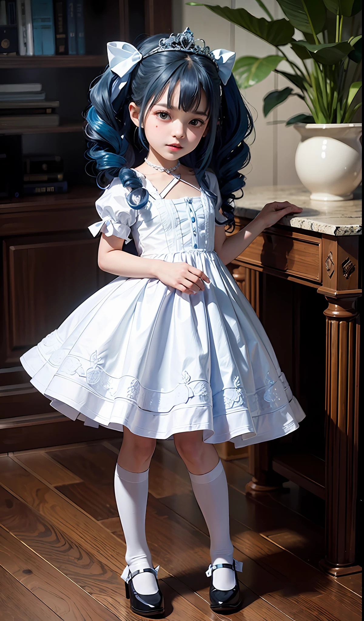 High resolution, extremely detailed, facial enhancement, mansion, loli, young girls, ((twin drills)), blue hair, curly hair, an innocent and cute eight-year-old girl, princess dress, white stockings,