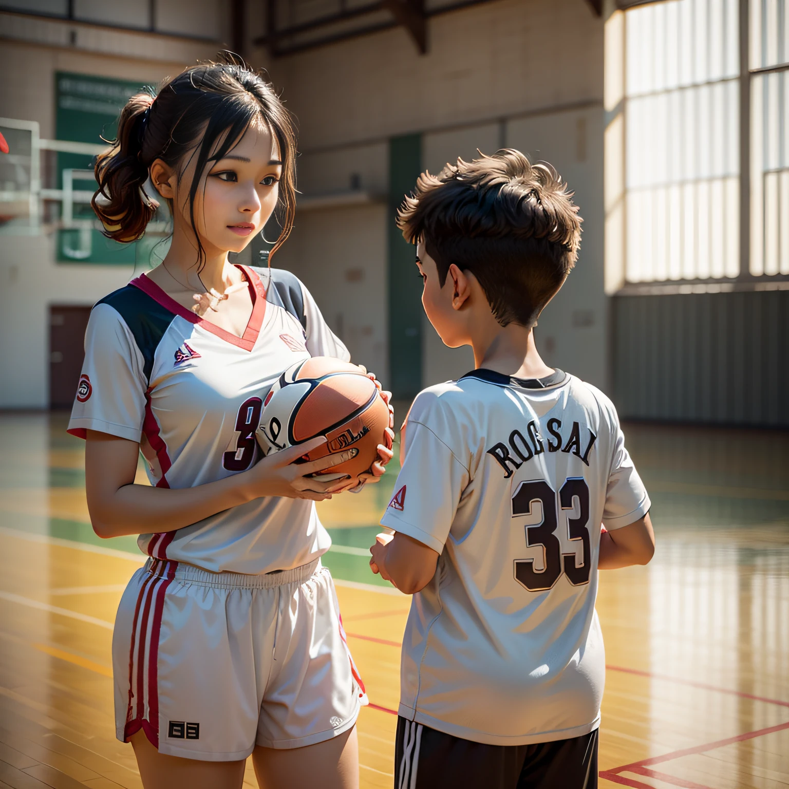 conversation between parents and children, inside a sports court