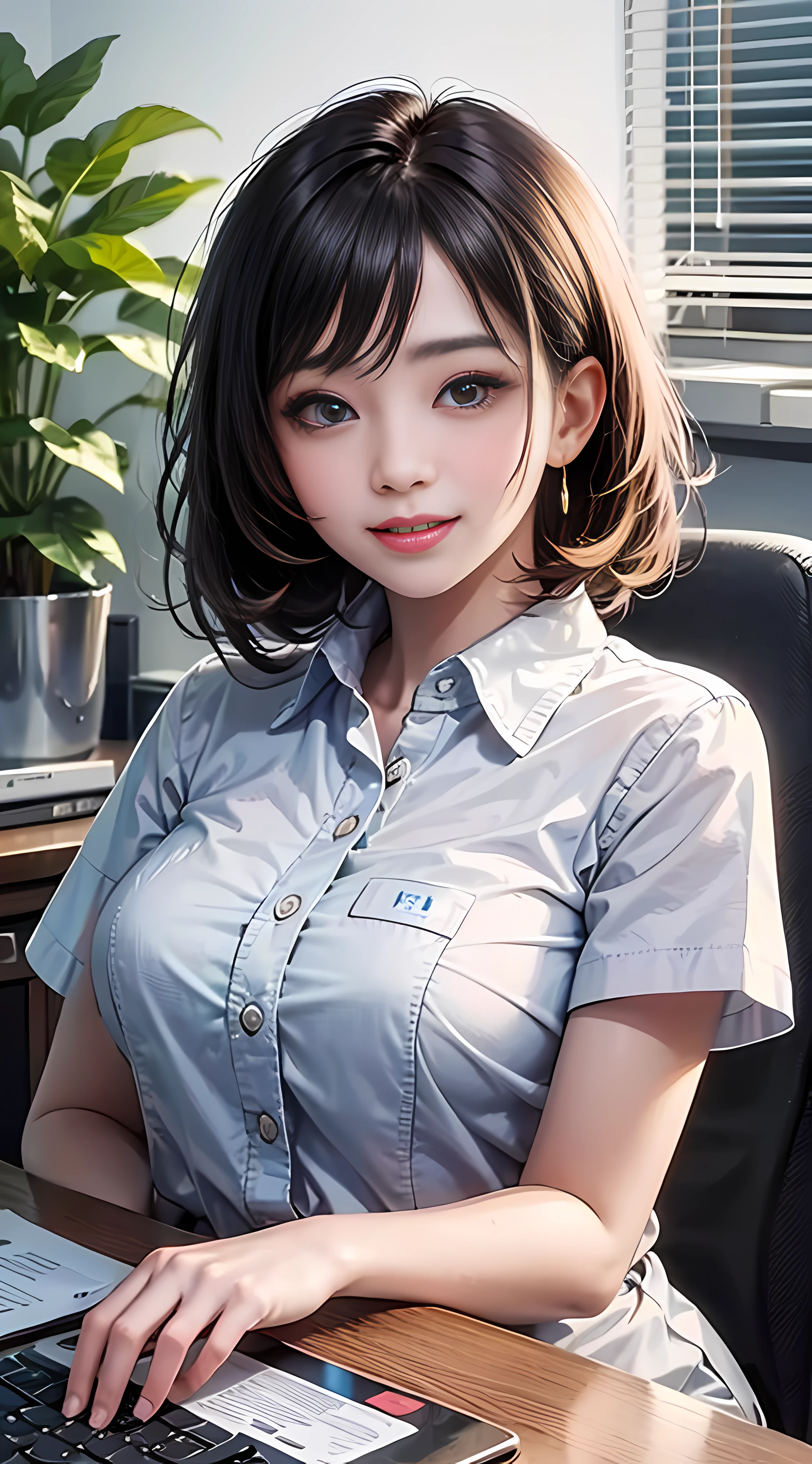 Super high quality, 8K, upper body, don't leak fingers, 1 girl, smile, solo, white skin, office, white shirt