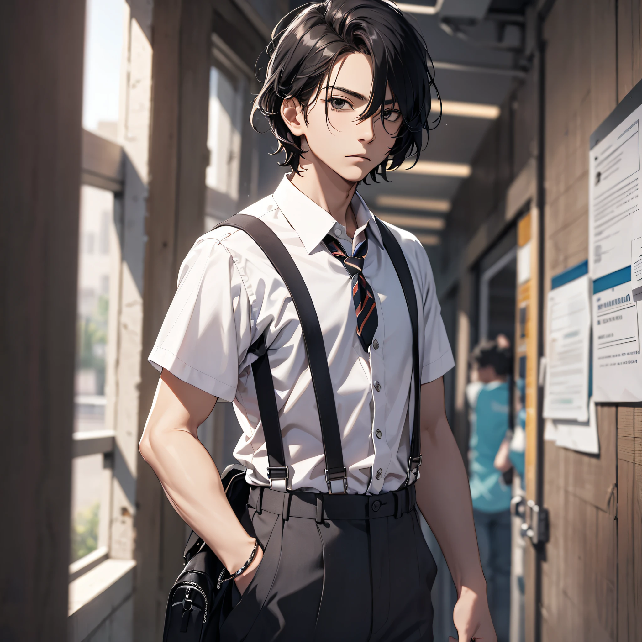 Ridiculous resolution, high resolution, (masterpiece: 1.4), hyper-detail, school corridor, young man messy black hair, white suspenders, serious expression, standing
