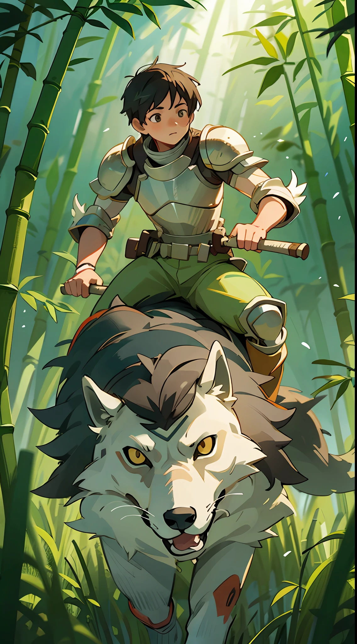 RAW photo, best quality, realistic, photo-realistic, steppe, a boy riding on the back of a wolf, knight, night, bamboo forest, meadow