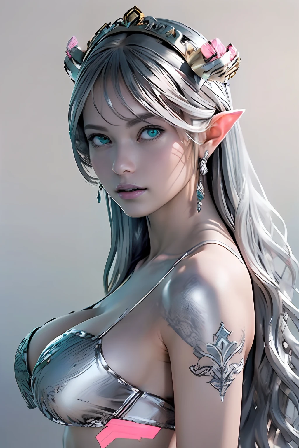 Ultra-detailed complex 3D rendering of the face, (masterpiece, top quality, octane rendering,), glamour shots full body image, very beautiful young elves, cleavage, (highly detailed skin: 1.2), (exposure: 1.1), ((blue micro bikini: 1.95)))). , 8k, (((very soft breasts)), (((conspicuous large pink areola)), beautiful Caucasian woman with white skin with full soft breasts with big buttocks, one, long braided hair, big breasts, dynamic angle, (((huge breasts: 2.4)), ultra-realistic photos, (((((brown-haired))), futuristic urban background, facial muscles, ((((detailed and glamorous silver crown)))), In the style of Marvel Comics, ArtStation Trends, Clear Focus, Intricate Details, Very Detailed, Detailed Green Eyes, Sharp Focus, Digital Rendering, Professional, Abs, Lip Gloss, Glossy Skin, Sexy Pose, Golden Tattoo All Over Body, Silver Pattern All Over Body, Silver Lame Skin, Gold Glitter Skin, Mansuji, Buttocks, Jeweled All Over the Body, with silver scales,