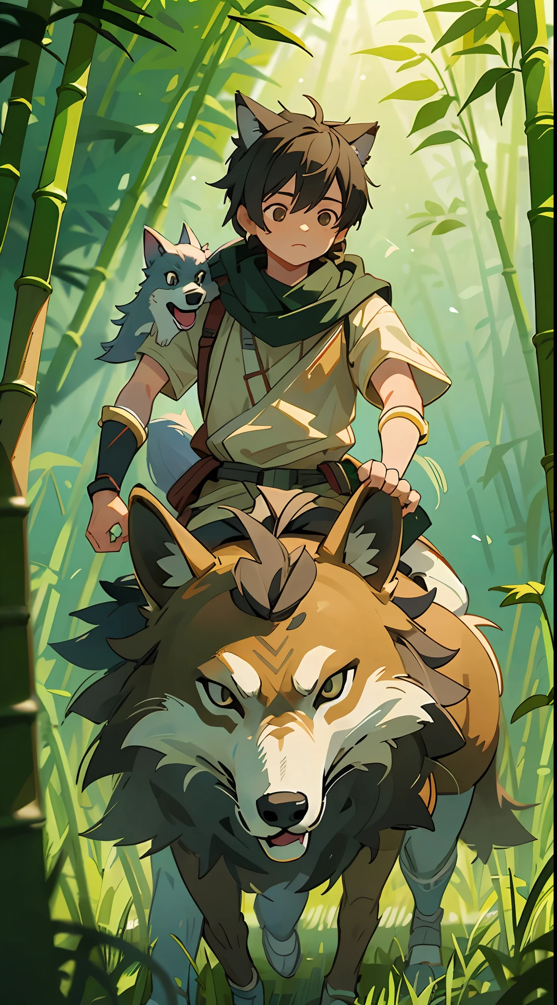 RAW photo, best quality, realistic, photo-realistic, steppe, a boy riding on the back of a wolf, knight, night, bamboo forest, meadow