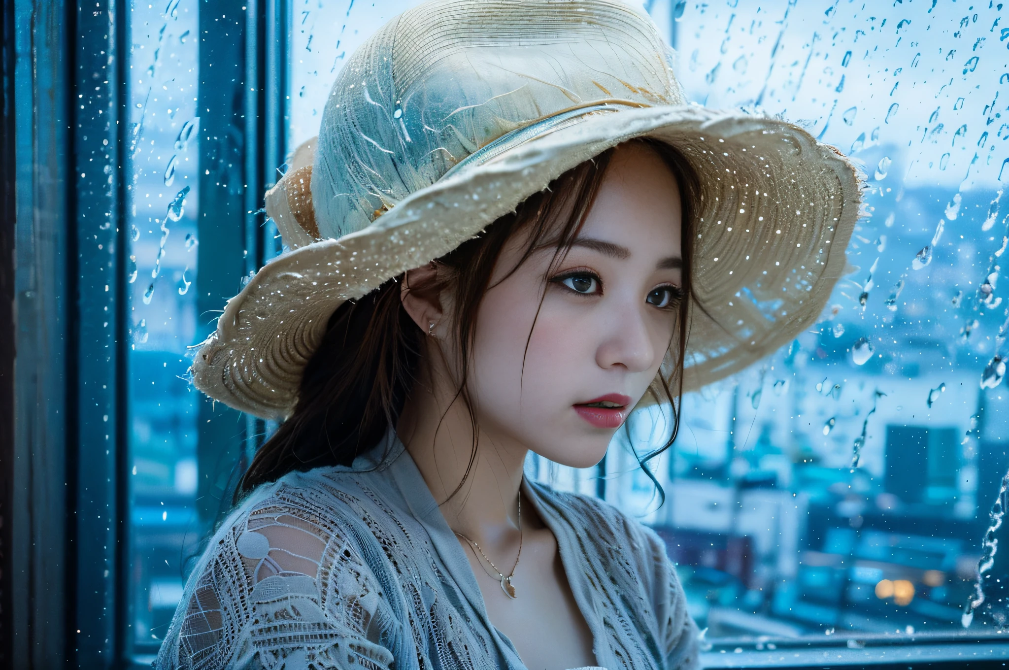 (Masterpiece), (Intricate Details), (Photorealistic: 1.3), (Film Grain: 1.4), (Perfect Anatomy), phblue, scenery, no humans, landscape, (masterpiece,best quality:1.4), blue theme, city, dusk, 1girl, rain, cowboy shot,