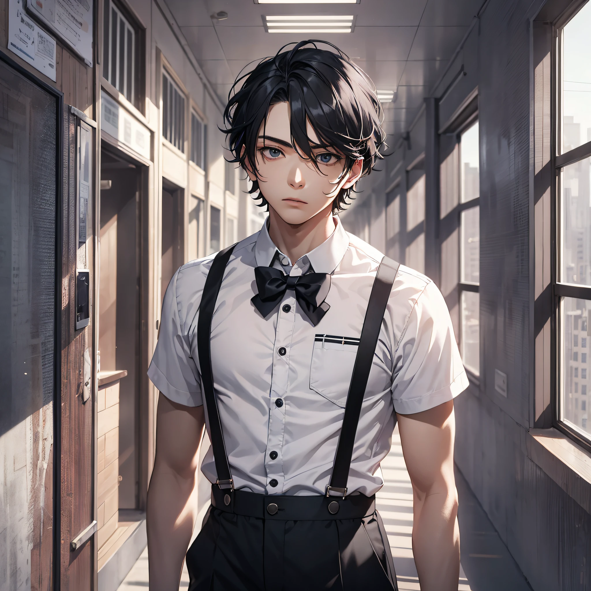 Ridiculous resolution, high resolution, (masterpiece: 1.4), hyper-detail, school corridor, young man messy black hair, white suspenders, serious expression, standing