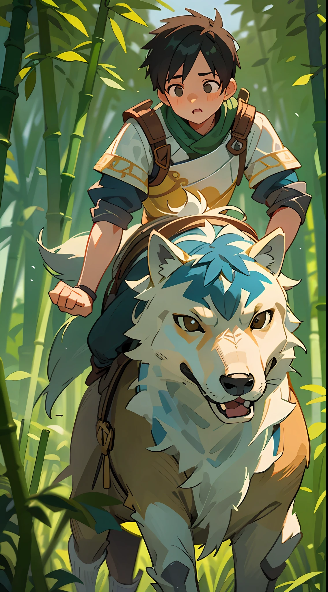 RAW photo, best quality, realistic, photo-realistic, steppe, a boy riding on the back of a wolf, thirds, knight, night, bamboo forest, meadow, (masterpiece: 1.2) (Realistic: 1.2) (Bokeh) (Best quality) (Intricate details) (8K)