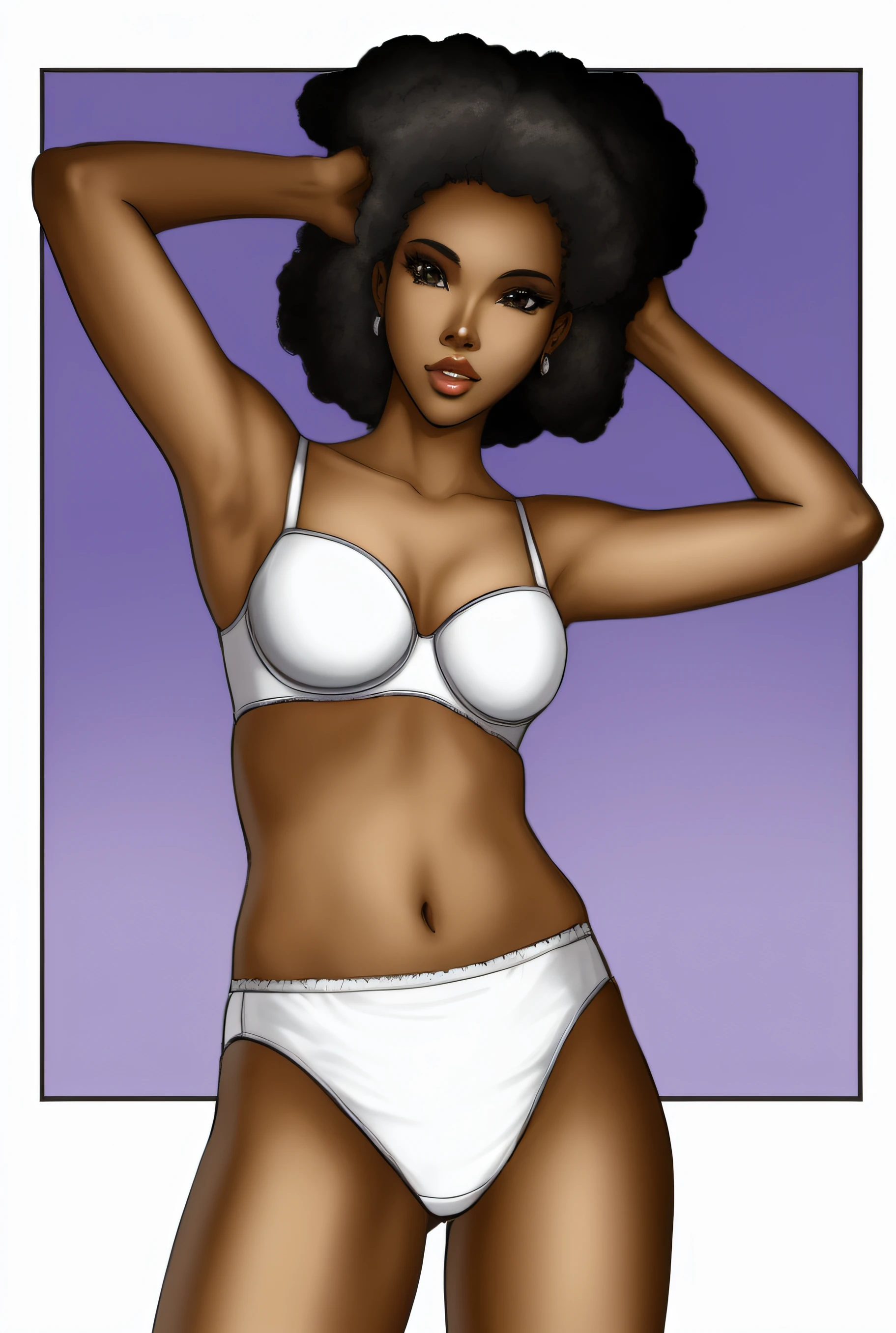 Shapely Black woman with Afro in white cotton bra and white high cut cotton panties, anime art style, intricate details