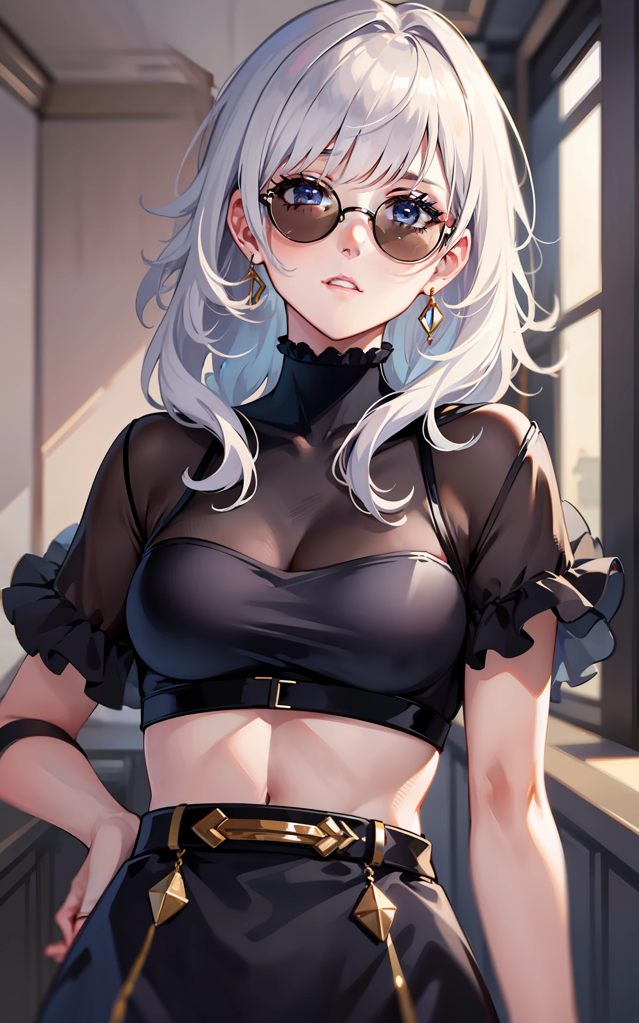 masterpiece, best quality, solo, (upper body:1.1), medium breasts, 1girl, solo, (ruffling hair, messy hair:1.1), medium hair, white hair, best quality, ultra detailed, 1girl, solo, medium hair, blunt bangs, does not look at the viewer, round sunglasses, beautiful skin, dramatic lighting, high quality, perfectionism, bright skin, whole body, both eyes covered, ((perfect hand: 1.2)),  earrings, cute face, sexy, posing, house background, bedroom background, black clothes, men's clothes, tomboy