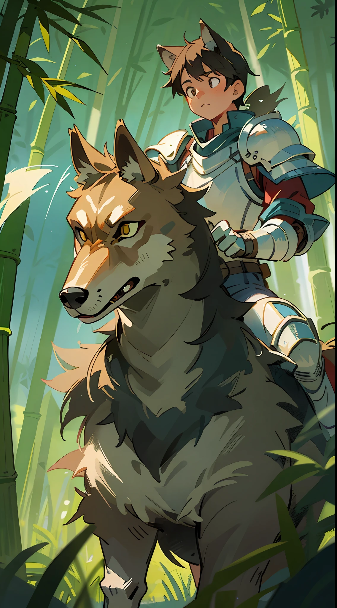 RAW photo, best quality, realistic, photo-realistic, steppe, a boy riding on the back of a wolf, knight, night, bamboo forest, meadow