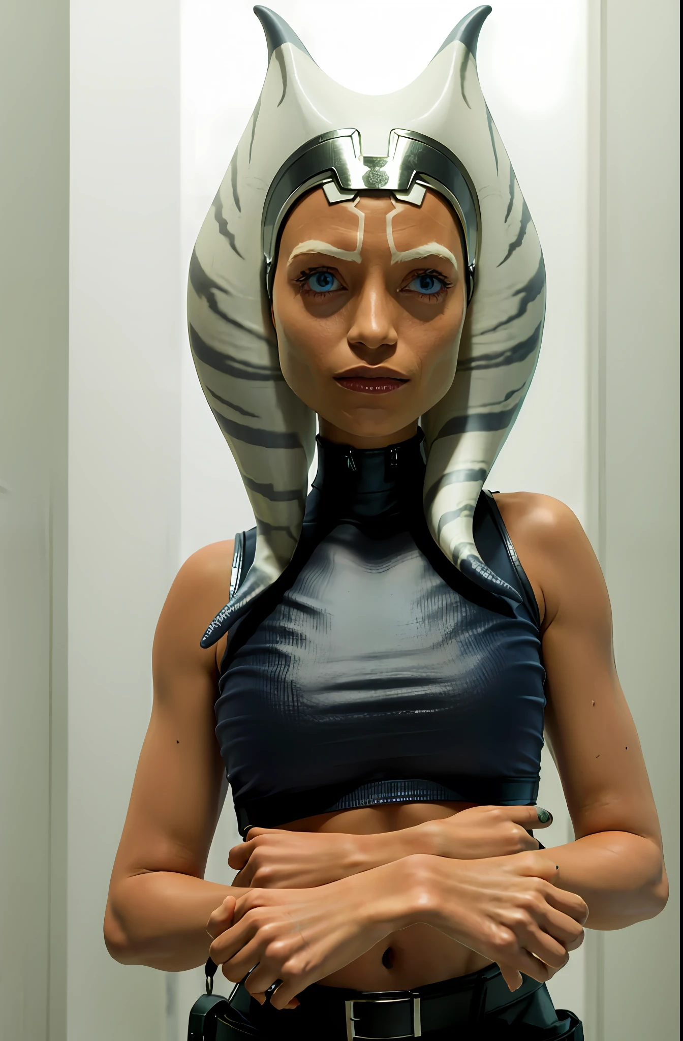 the matrix 1girl, blue eyes, orange skin, tentacle hair