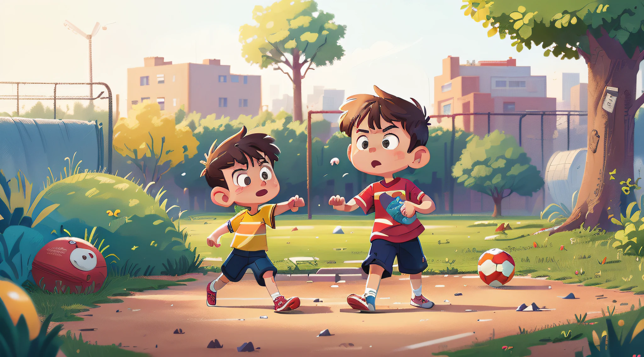 (Masterpiece, best quality, super detailed), (8-year-old boy, with a disappointed expression, accidentally throws the ball away.) Park in the background)