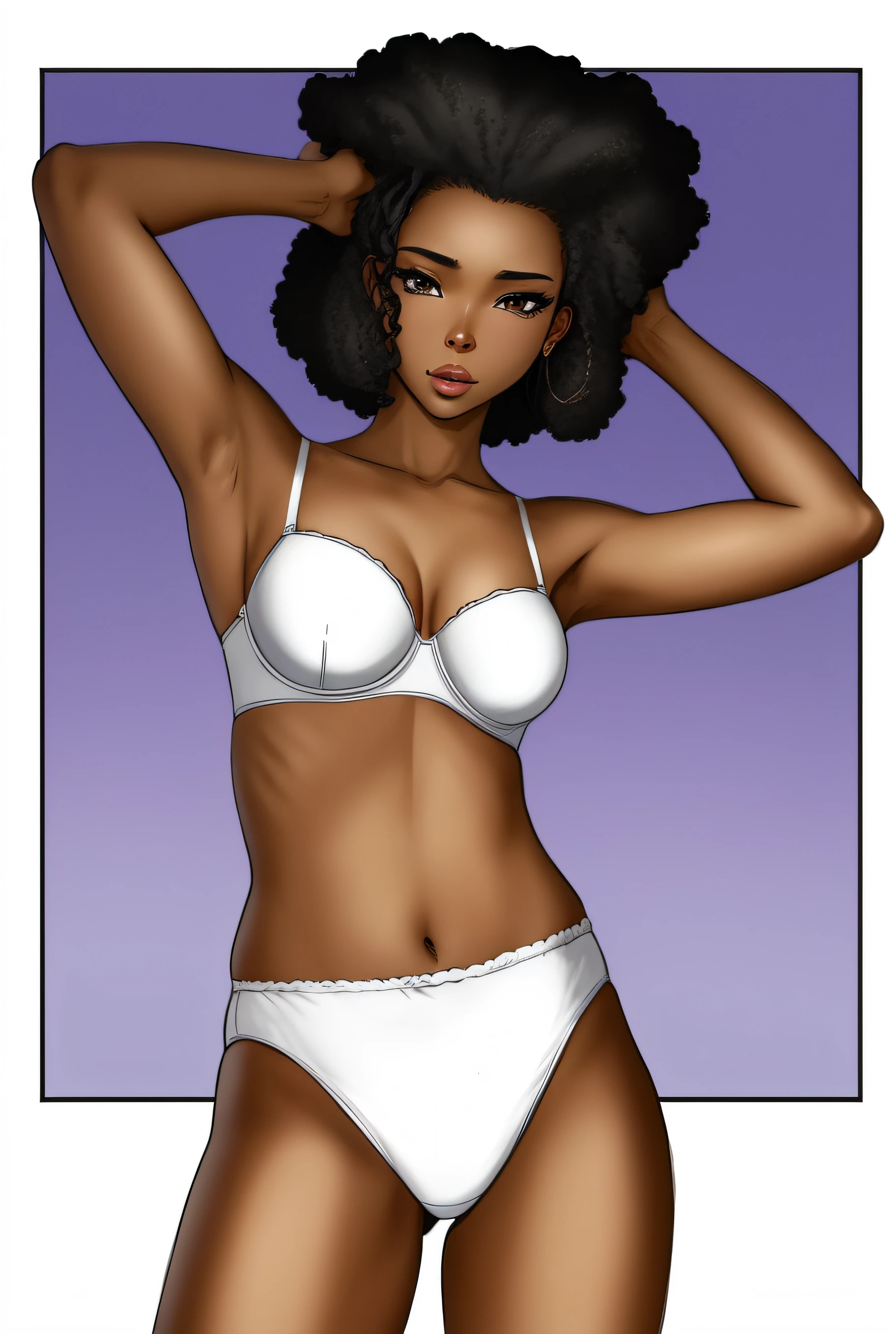 Shapely Black woman with Afro in white cotton bra and white high cut cotton panties, anime art style, intricate details