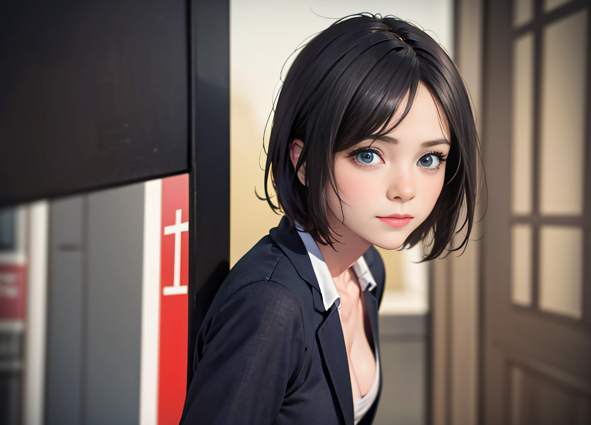 There is a girl standing in front of a building, (left), (front focus), front, (half), (film lens), comics, paintings, big watery eyes, (beautiful detailed eyes), delicate makeup, closed mouth smile, (small freshness: 1.5), shy expression, black hair, medium boobs, cleavage, fair skin, wearing a black open-chested suit, white bandeau underwear, a church in the background, (background blurred), (illustration), (dynamic angle), ((detailed soul face))), (( Beautiful Detailed Face)), Masterpiece, Best Quality, Ultra HD, (Realistic:1.4),, High Resolution, Detail, Original Photo, Sharp Re, Nikon D850 Film Stock Photo by Jefferies Lee 4 Kodak Portra 400 Camera F1.6 Lens Rich Colors Ultra Realistic Vivid Textures Dramatic Lighting Unreal Engine Art Station Trend Cinestir 800