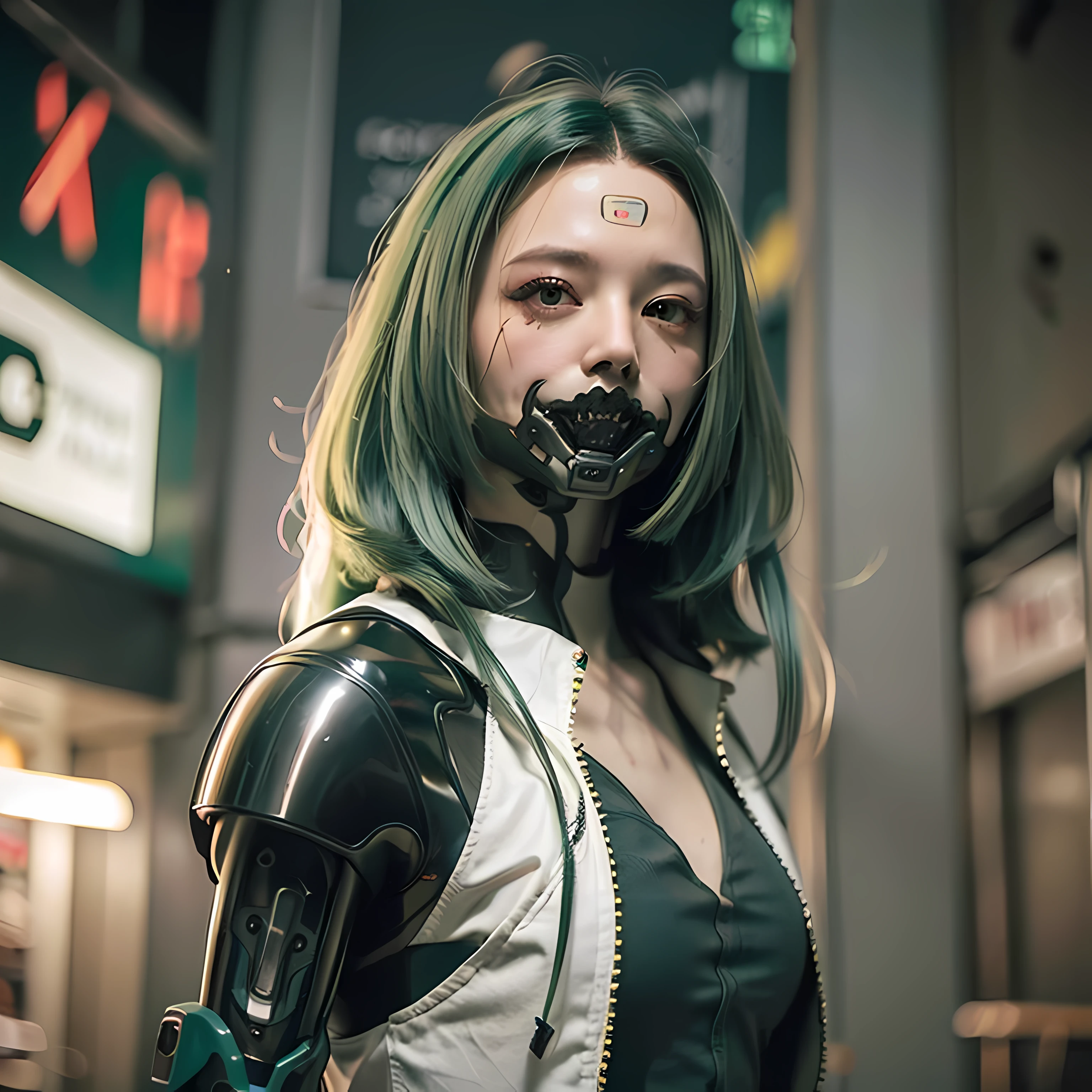 (Photorealistic:1.4), (Best Quality:1.0), (Ultra Resolution:1.0), (8K, RAW Photo), (Masterpiece:0.2), Portrait, Facial Focus,
(Cybernetic_Jawless), mask, mechanical parts, cybernetics, 1 girl, asian girl, jacket, (long hair:1.5), (green hair:1.5),
Cyberpunk Street background, (neon: 1.2),