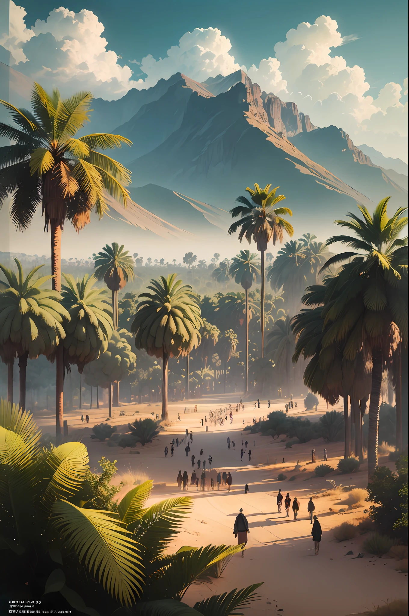 Generate an awe-inspiring image set in a vast desert, where a huge group of pilgrims approaches a verdant valley filled with palm trees.