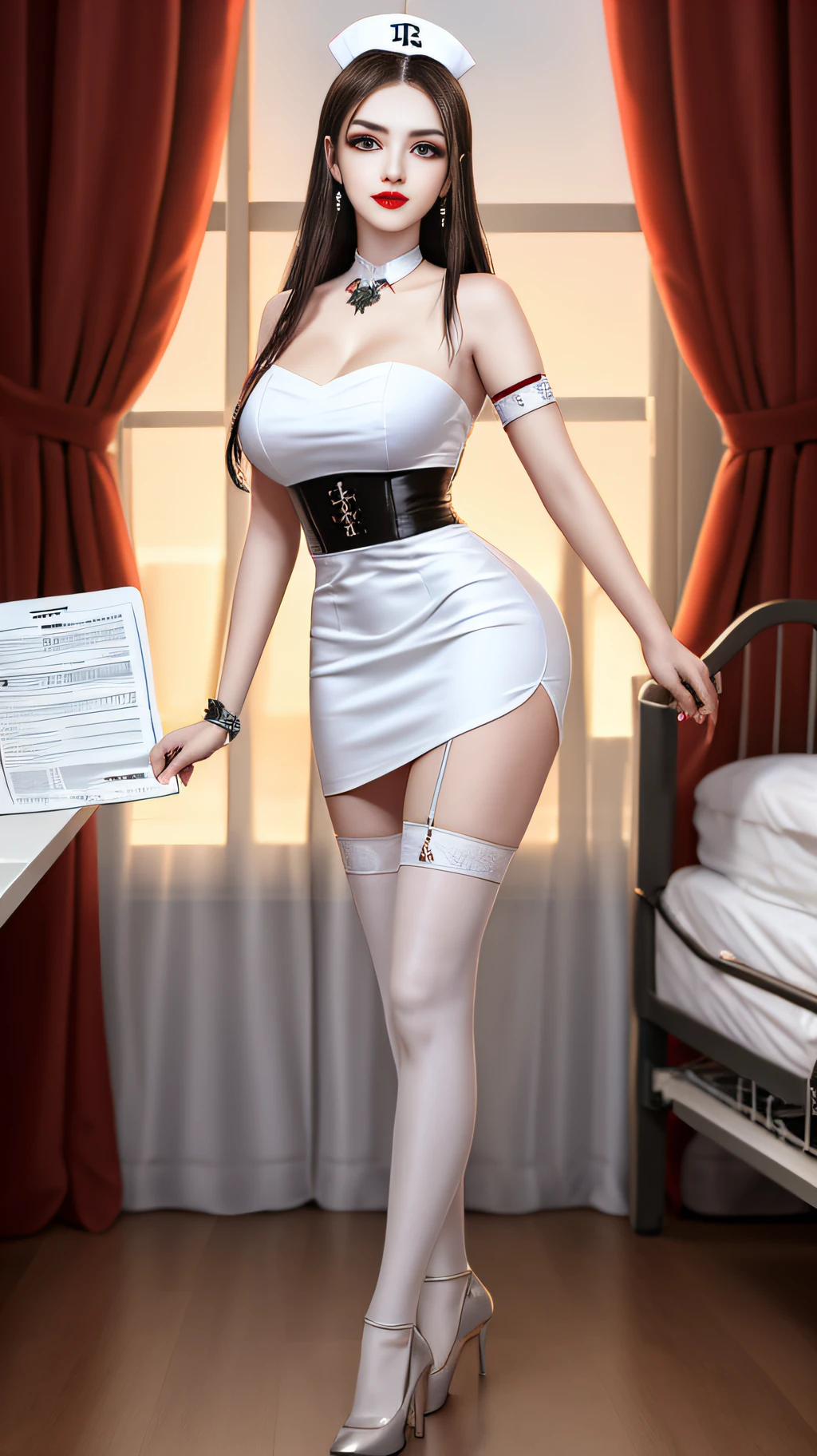 A beautiful queen, wearing a white nurse's outfit, in the hospital, holding a syringe, pen, medical record sheet, beautiful face, long hair, wearing a nurse's hat, mysterious neck and hair jewelry, light red iris, round big eyes, thin and sharp eyebrows, every detail details delicate and sharp eyelashes, red lipstick petite lips, slender shoulders, (Big breasts: 1.2) Plump breasts, large, round and regular breasts, slender waist, RAW photos, detailed photos, the highest quality photos, 8k queen, long legs, white stockings, high heels