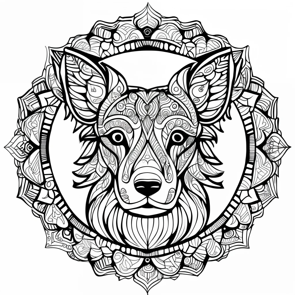 monochrome, adult coloring page, vectorization, mandala, collie image, white background, clean line art, fine line art