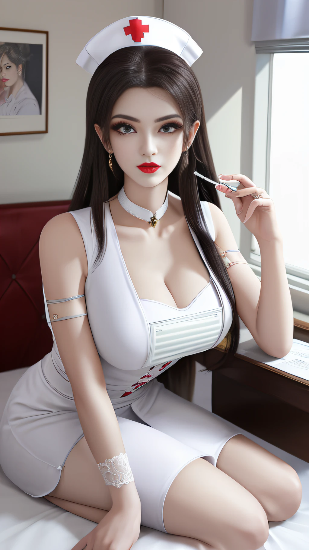 A beautiful queen, wearing a white nurse's outfit, in the hospital, holding a syringe, pen, medical record sheet, beautiful face, long hair, wearing a nurse's hat, mysterious neck and hair jewelry, light red iris, round big eyes, thin and sharp eyebrows, every detail details delicate and sharp eyelashes, red lipstick petite lips, slender shoulders, (Big breasts: 1.2) Plump breasts, large, round and regular breasts, slender waist, RAW photos, detailed photos, the highest quality photos, 8k queen, long legs, white stockings, high heels
