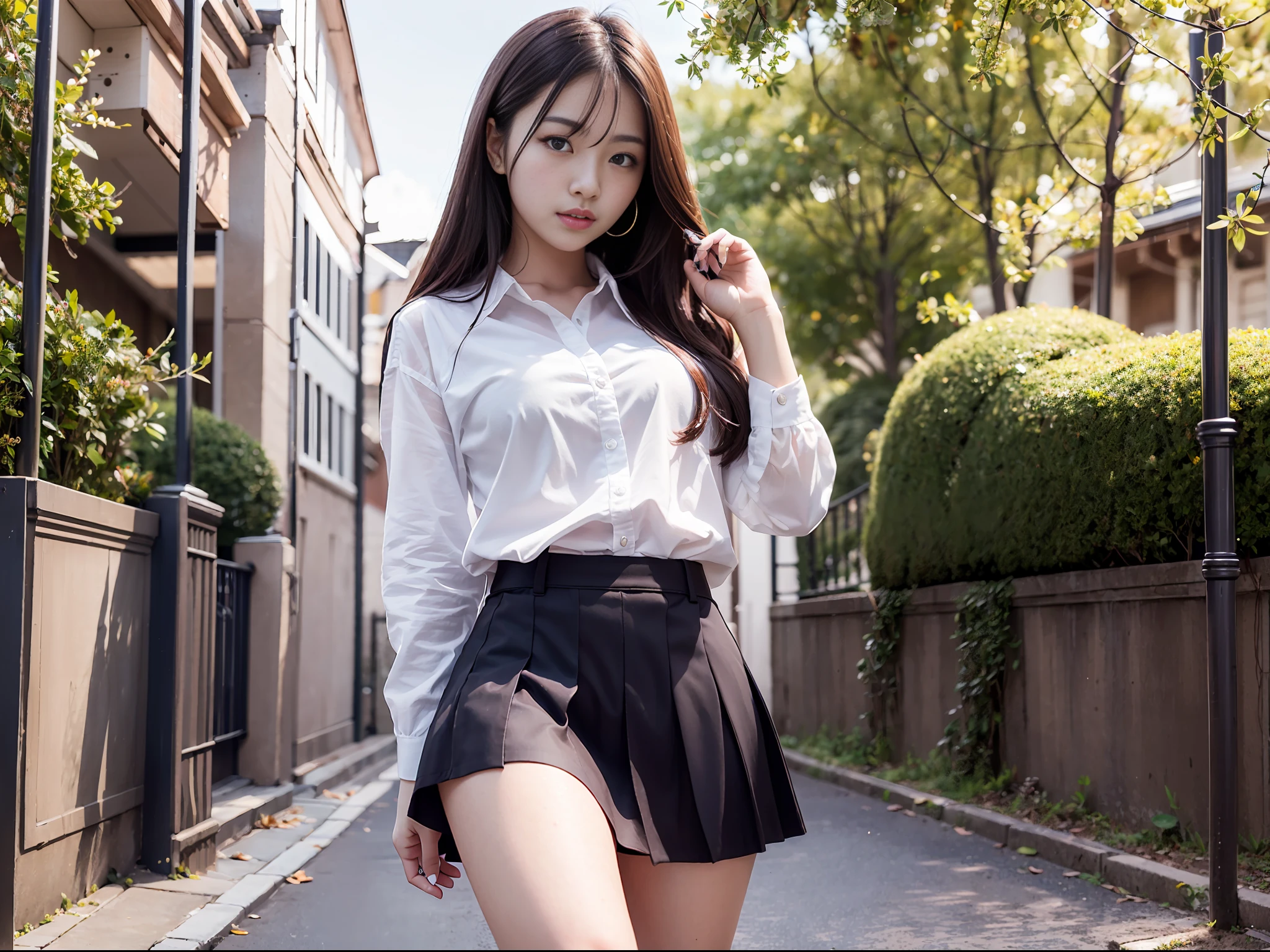 masterpiece, ultra high quality, ultra high definition, 8K, totally realistic, Korean girl, extremely beautiful, alone, full body, highly detailed face, fully detailed eyes, perfect eyes, perfect features, very beautiful body, perfect body, cheerful smile, wearing school uniform