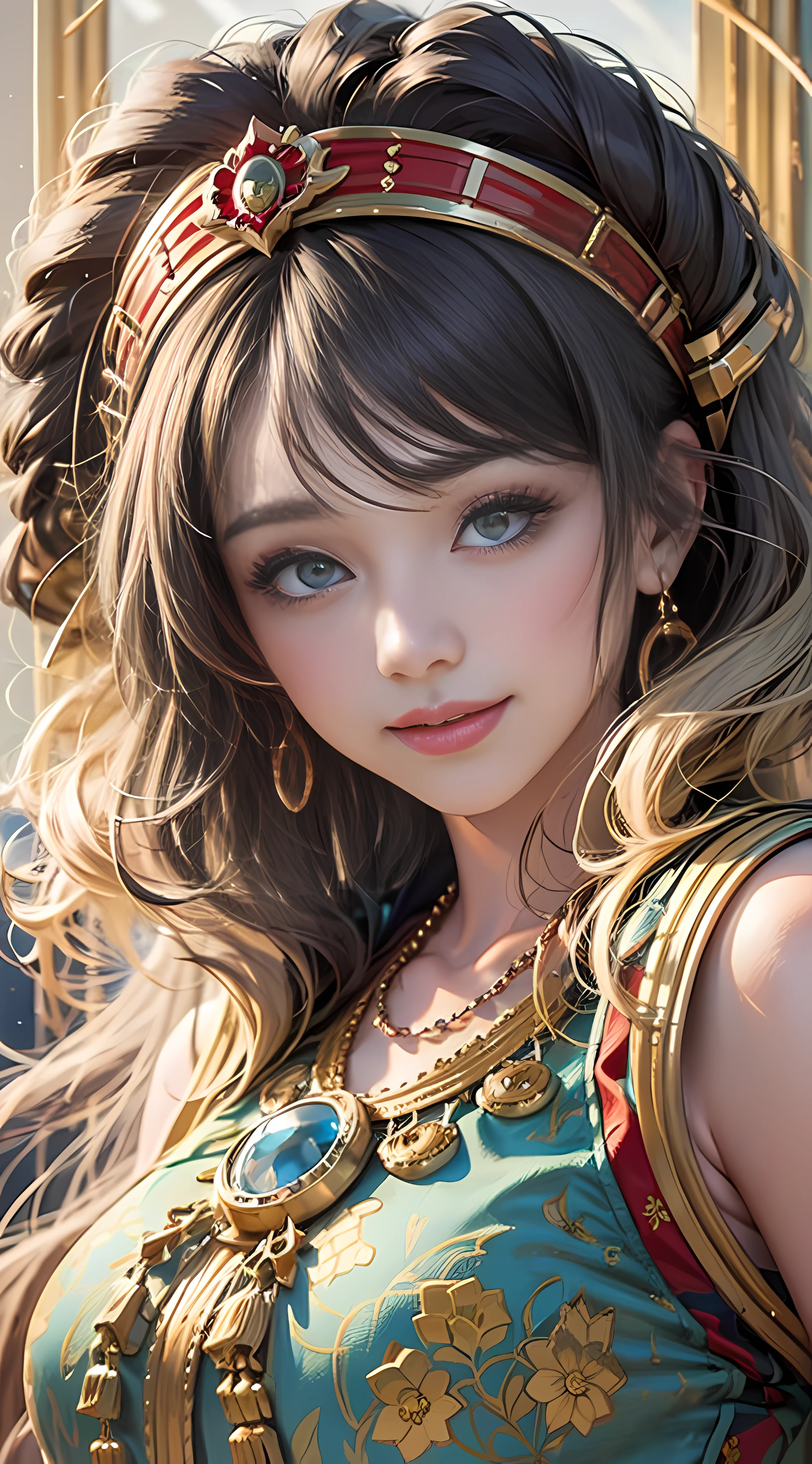 Super high quality, 8K, upper body, don't leak fingers, 1 girl, smile, solo, white and tender skin, ethnic minority clothing, village,