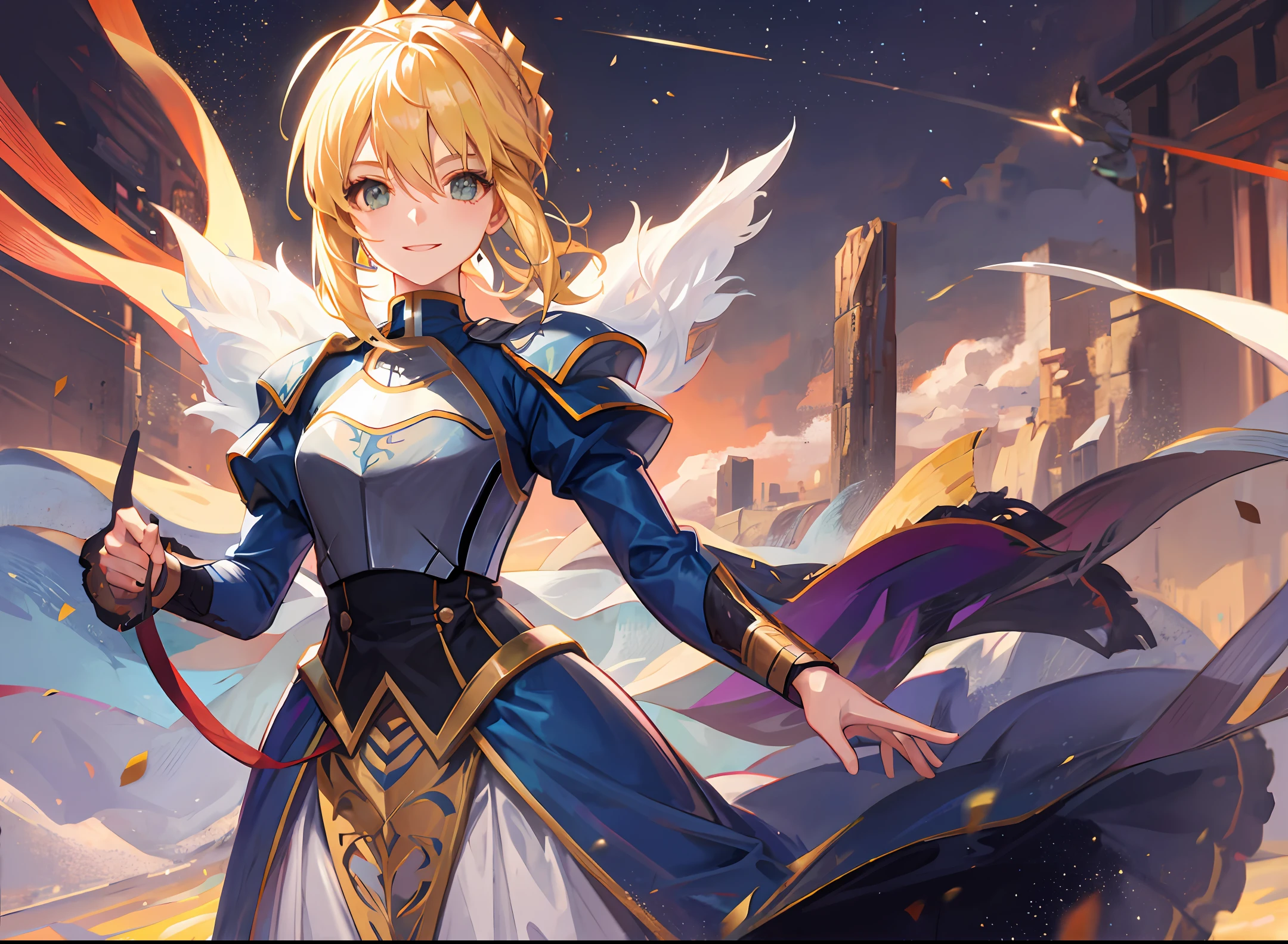 Artoria Pendragon, Beauty, Smiling Sunshine, Long Night of Destiny, anime, blonde, short hair, armor, dull hair