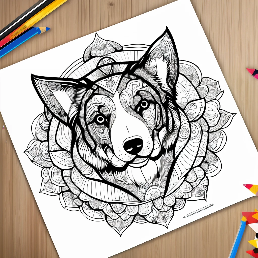 monochrome, adult coloring page, vectorization, mandala, collie image, white background, clean line art, fine line art