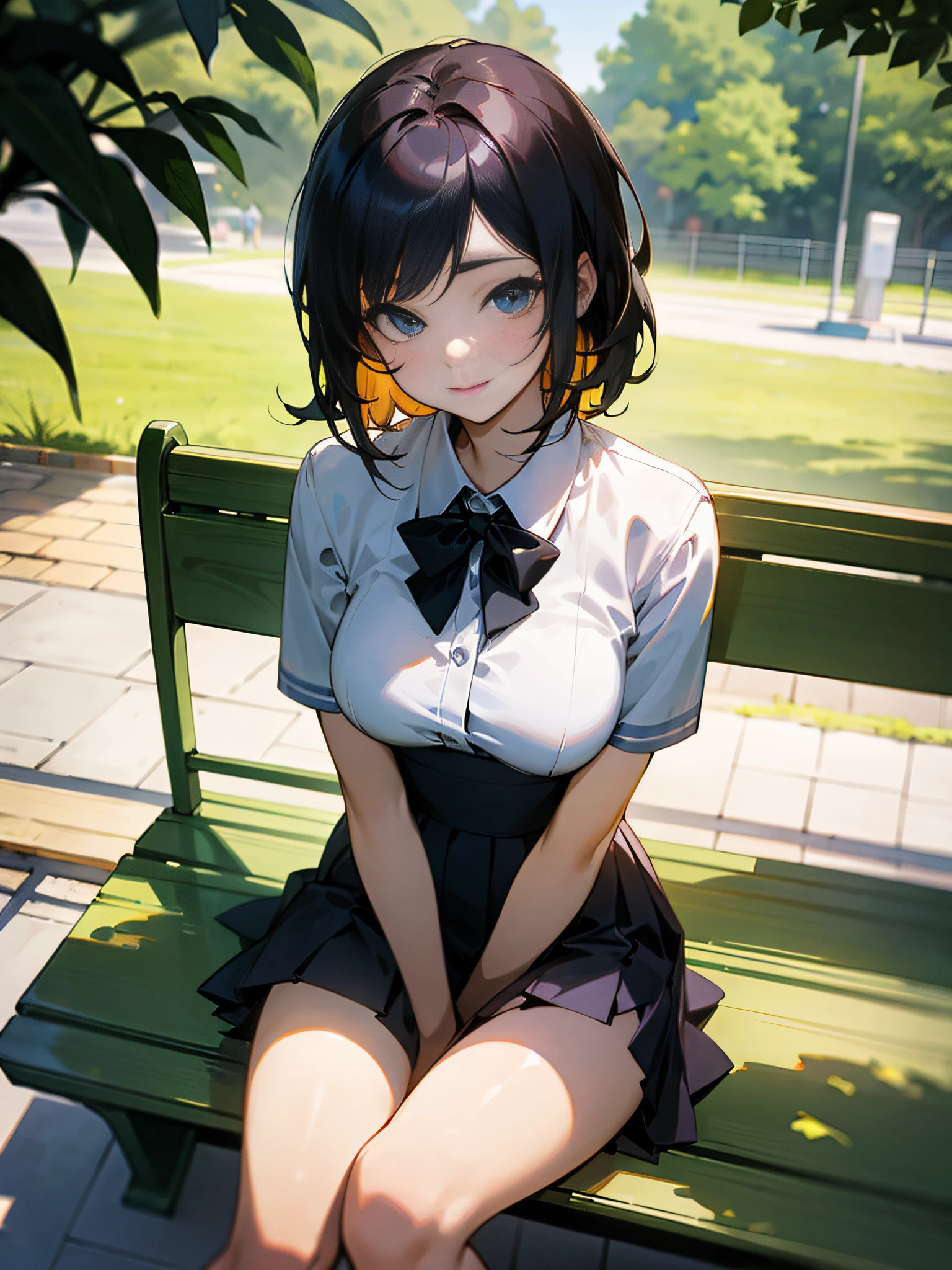 Pixiv style, hi-res, hyper-realistic, anime style, 4K, one woman. Japan high school students are sitting on a park bench. High school uniform. White blouse. Shot from diagonally sideways. He is smiling from the angle he looks up at. Extremely precisely written faces. He is holding a book in front of his chest with both arms. Medium hair length. Slightly larger breasts. Model like a figure. Extremely precisely drawn eyes. Beautiful face. Two legs. Two arms. Five fingers written with extreme precision, a park with a quiet Japan of fresh greenery.