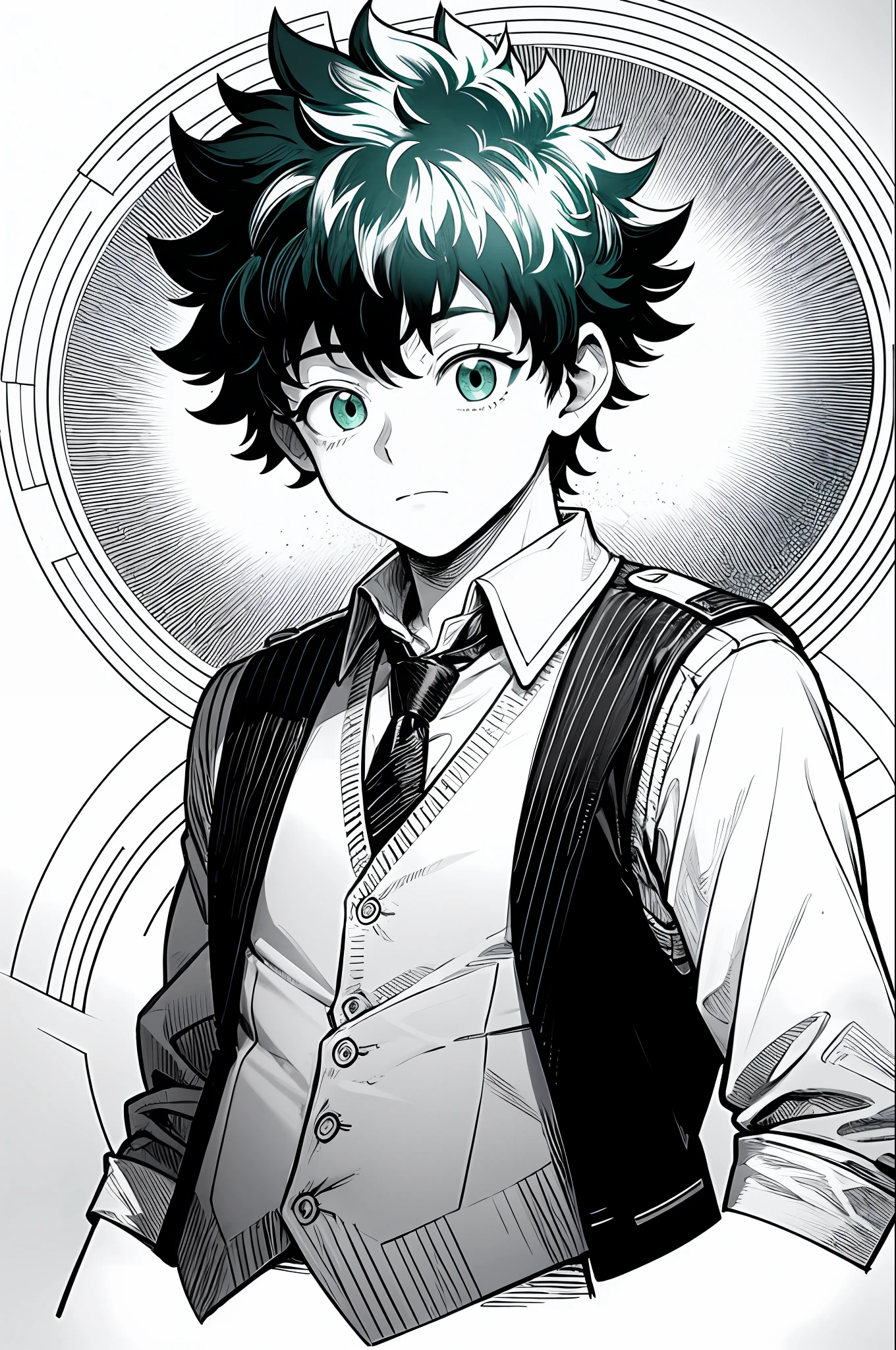 Masterpiece, top quality, 8k, one man, Izuku Midoriya, 16 years old, shirt and vest, shining big green eyes, monochrome, line drawing, white background