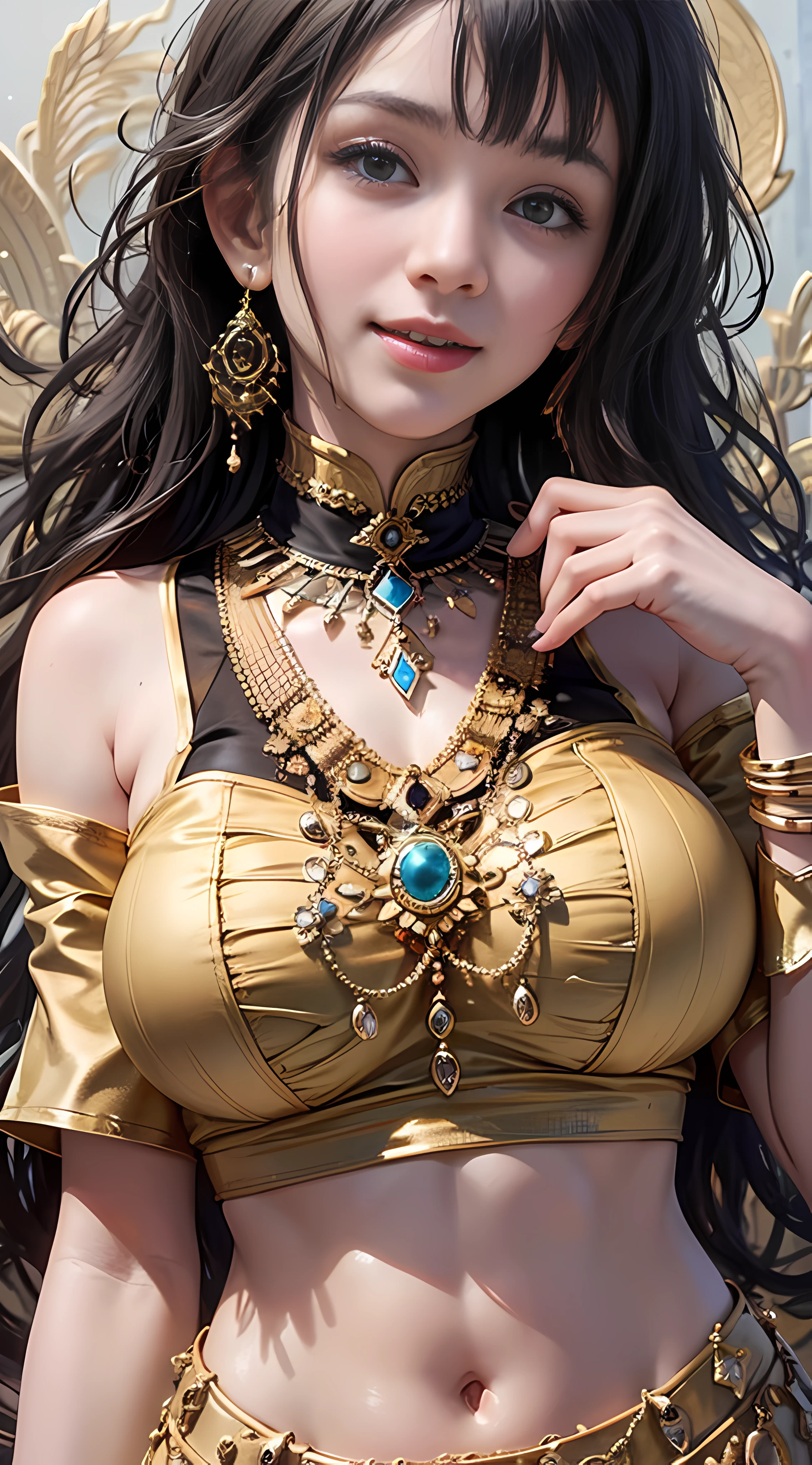 Super high quality, 8K, upper body, don't leak fingers, 1 girl, smile, solo, white and tender skin, ethnic minority clothing, village,