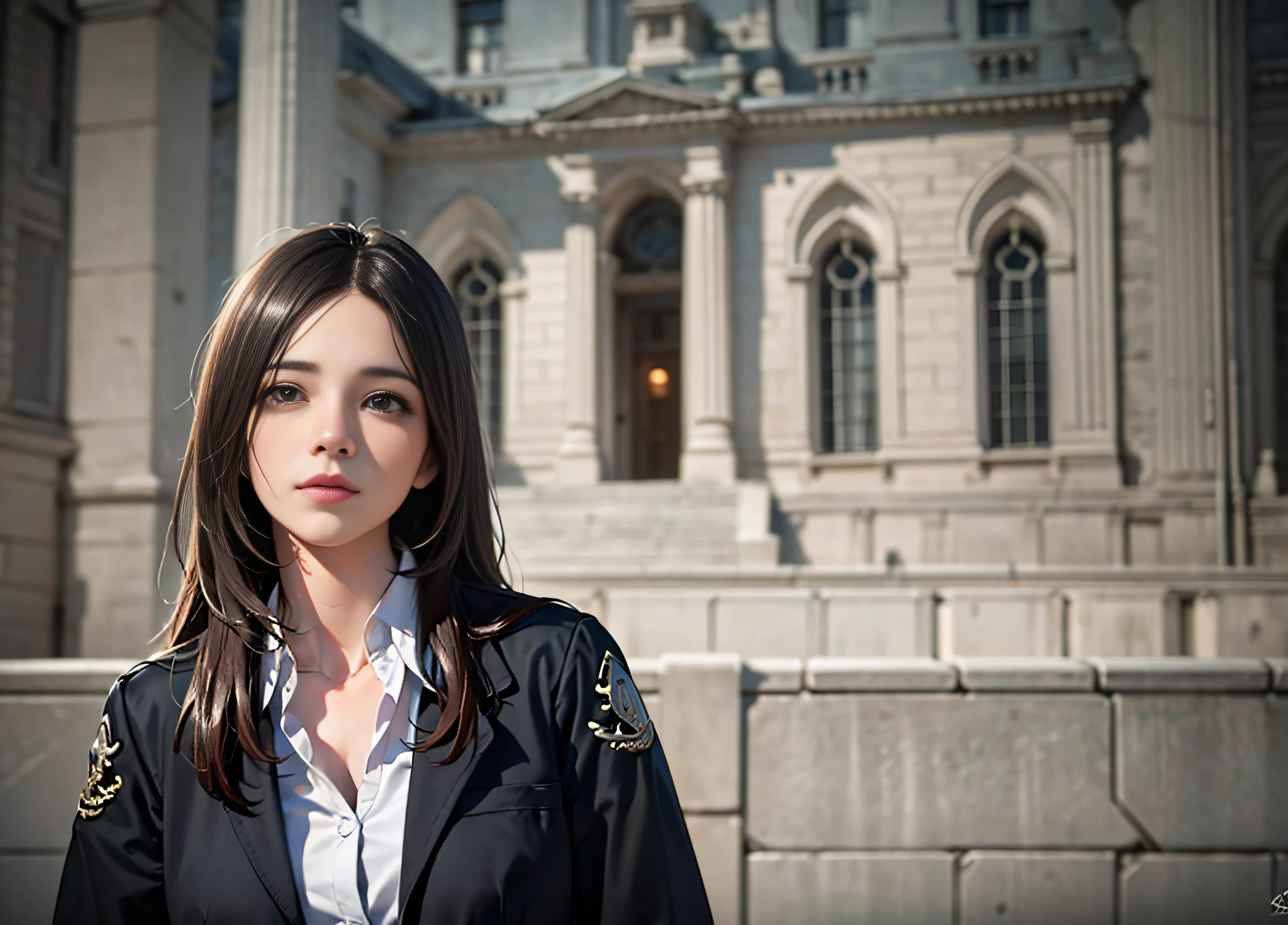 There is a girl standing in front of a building, (left), (front focus), front, (half-body close-up), (movie shot), comics, painting, big watery eyes, (crystal clear), (beautiful detailed eyes), delicate makeup, closed mouth smile, (small fresh: 1.5), shy expression, black hair, medium boobs, (soft boobs), cleavage, fair skin, black open-chest suit, a church in the background, (background blurred), (illustration), (dynamic angle), (detailed soul face((Beautiful Detailed Face)),Masterpiece,Best Quality, Ultra HD, (Realistic:1.4),, High Resolution, Detail, Original Photo, Sharp Re, Nikon D850 Film Stock Photo by Jeffery Lee 4 Kodak Portra 400 Camera F1.6 Lens Rich Colors Ultra Realistic Vivid Textures Dramatic Lighting Unreal Engine Art Station Trend Cinestir 800